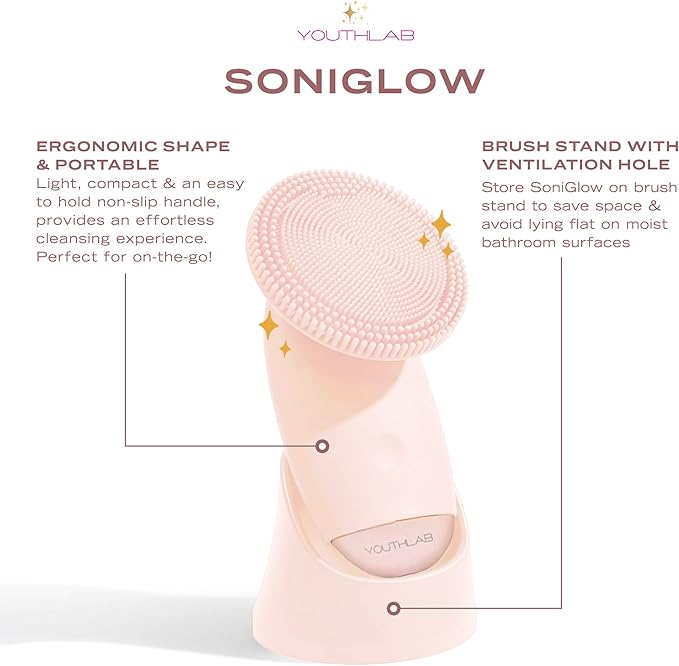 SoniGlow, Pink, Silicone Facial Skin Cleansing Brush, Electric, Vibrating, Scrubber, Hygienic, Exfoliation, Massage, Firm, Tone, Blackheads, Pores, Waterproof, Rechargeable, Makeup Removal