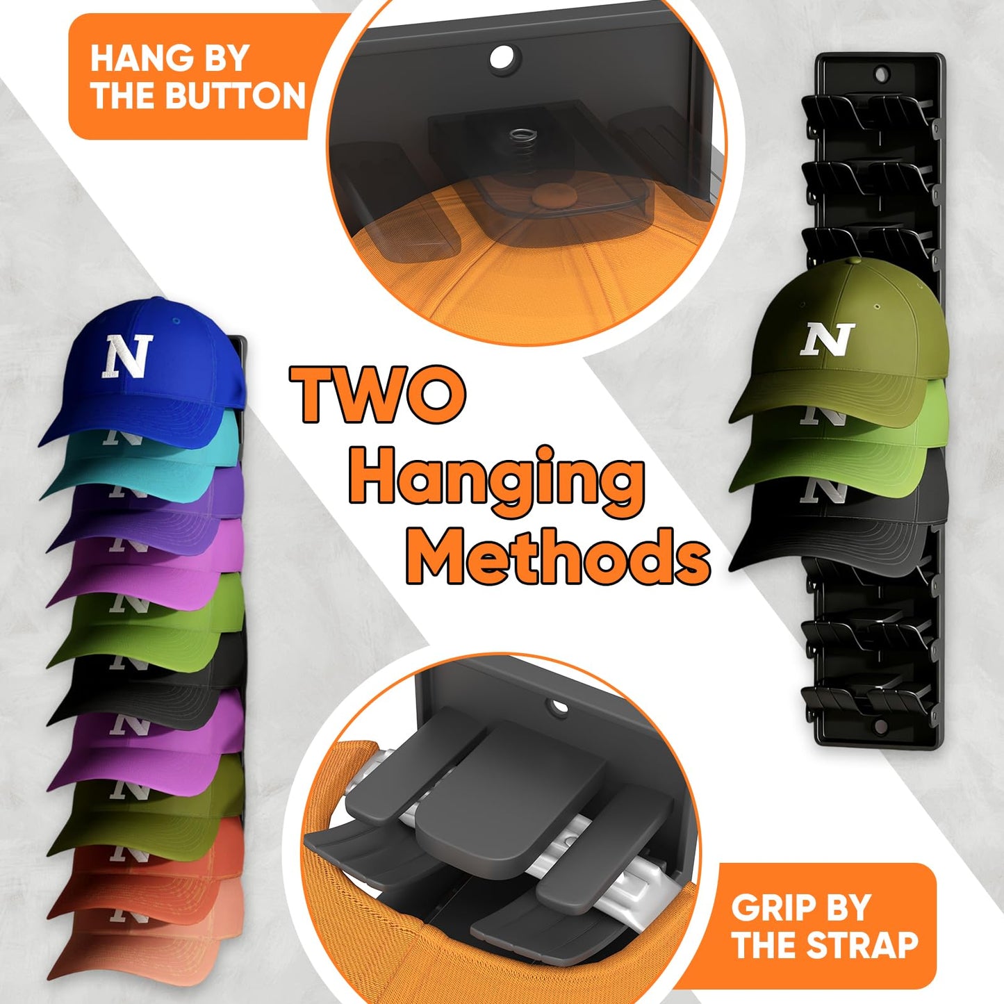 Dazioter Hat Organizer for Baseball Caps, 2 Pack Wall Mount Hat Rack with Spring Clips, Holds 20 Caps, Black Hat Holder for Closet Door