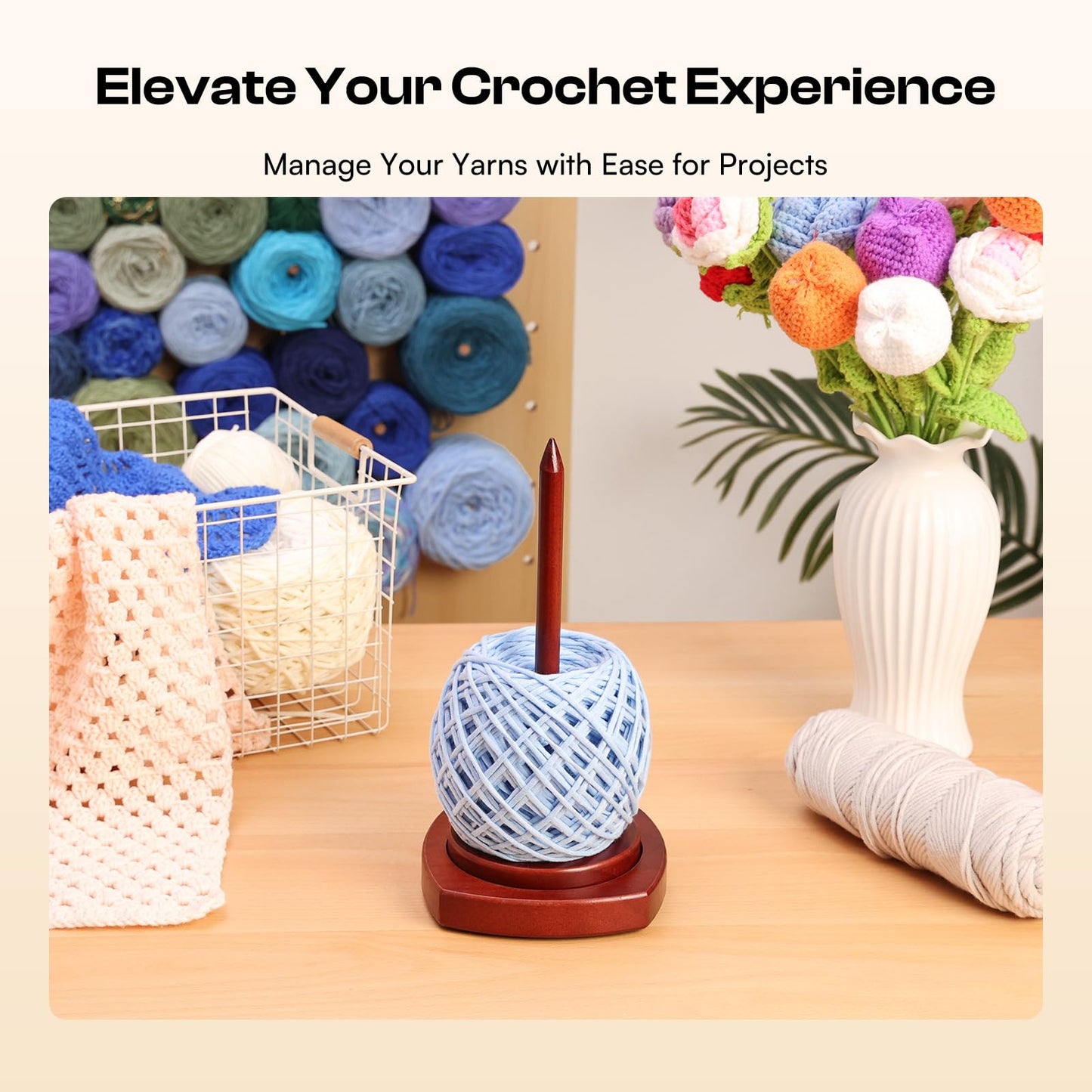 Caydo Wooden Yarn Holder for Knitting and Crocheting, Easy Install and Operate Yarn Spinner Holder, Yarn Spinner with Yarn Storage, Perfect Crochet Gift for Craft Enthusiasts - Brown