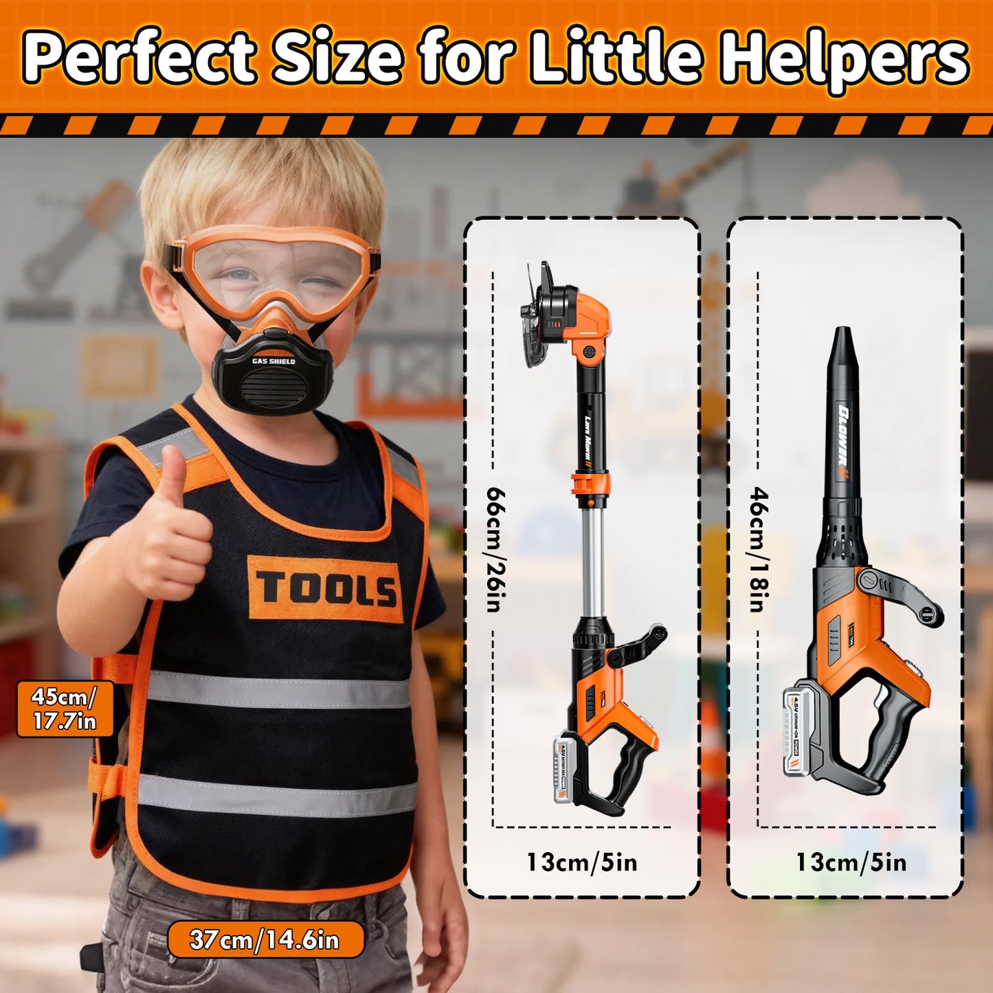 KidBloom Kids Gardening Tools Set with Vest, 2-in-1 Kids Lawn Mower & Kids Leaf Blower with Lights & Sounds, Toy Weed Wacker with Goggles & Mask, Outdoor Pretend Play Toys, Birthday Gifts for Boys 3+