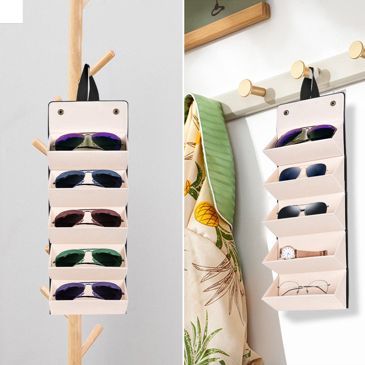 MEGREZ 5 Slots Sunglasses Organizer Box, PU Leather Foldable Woman Eyeglass Case Eyeglass Organizer Storage, Multiple Sunglass Holder for Travel, Black