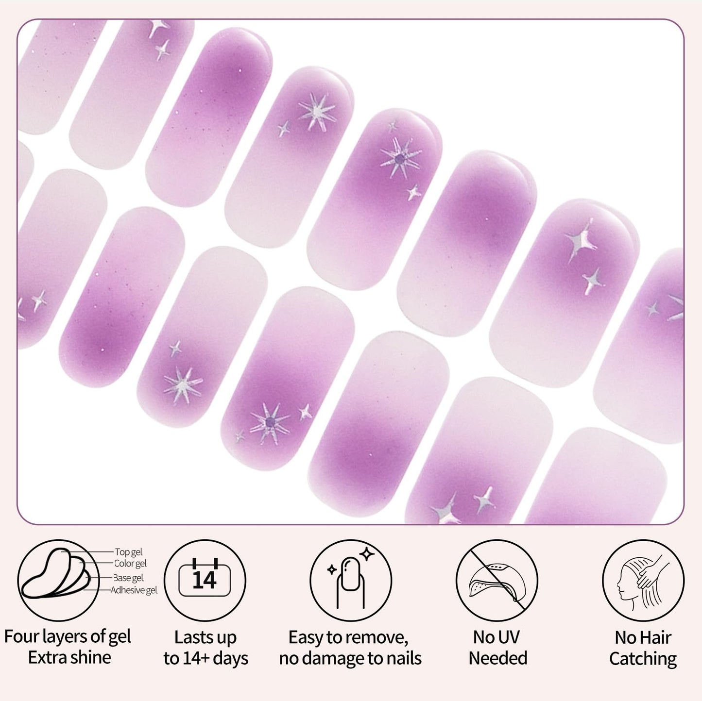 Semi Cured Gel Nail Strips -Taro Gradient Star - Stylish Nail Wraps, No UV Light Needed, Effortless Application & Removal, Salon Quality, Includes 16 Wraps, 1 Prep Pad, Wooden Stick & Nail File