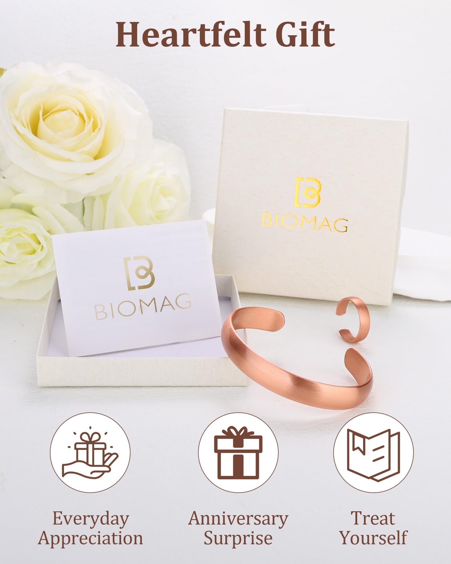 BioMag Pure Copper Bracelet & Ring for Women Men, 99.99% Solid Handmade Copper Cuff Bangle, Adjustable Jewelry Gift with Gift Box