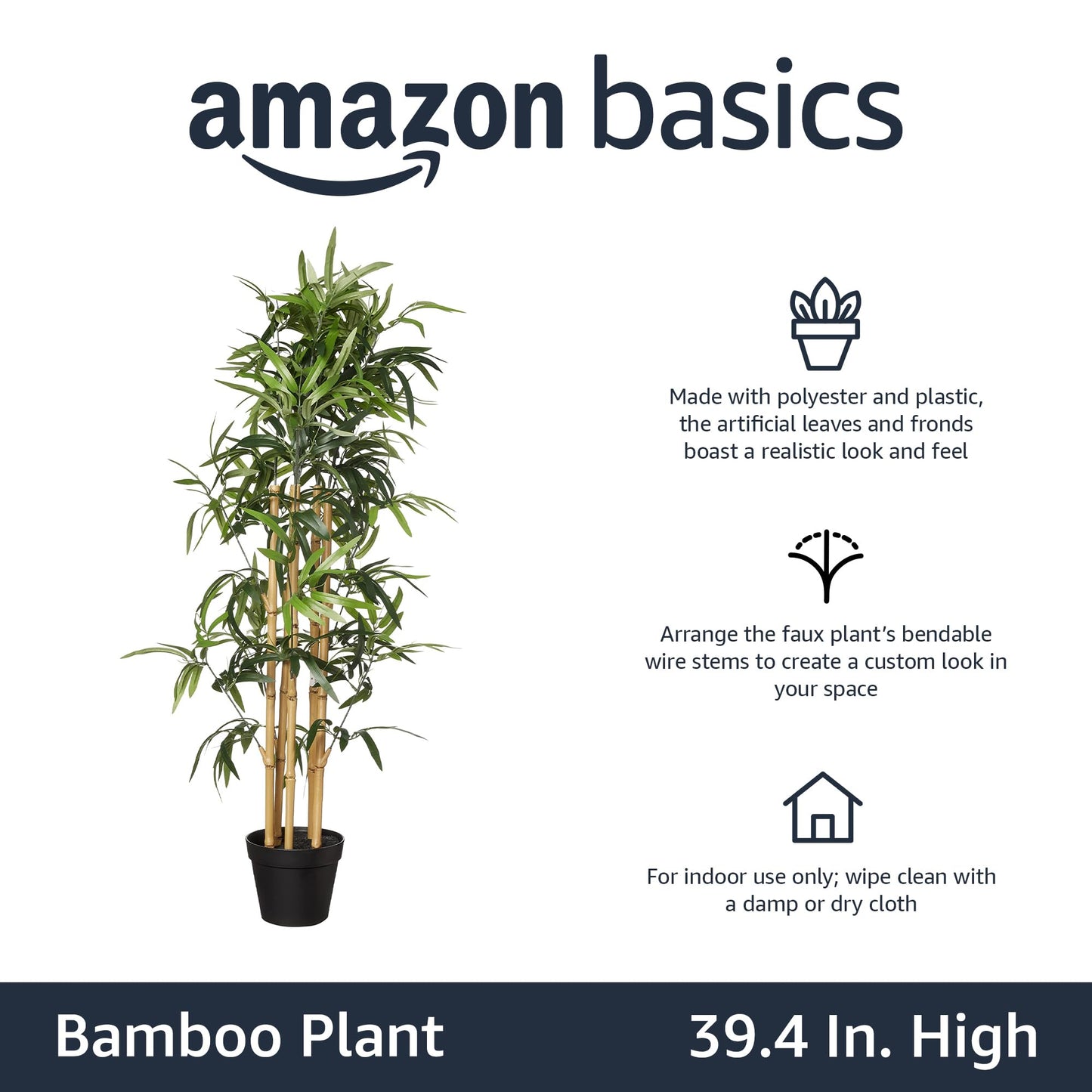 Amazon Basics Artificial Bamboo Plant with Plastic Planter Pot, 39.4", Green, Home Office Decor, Floor Plant