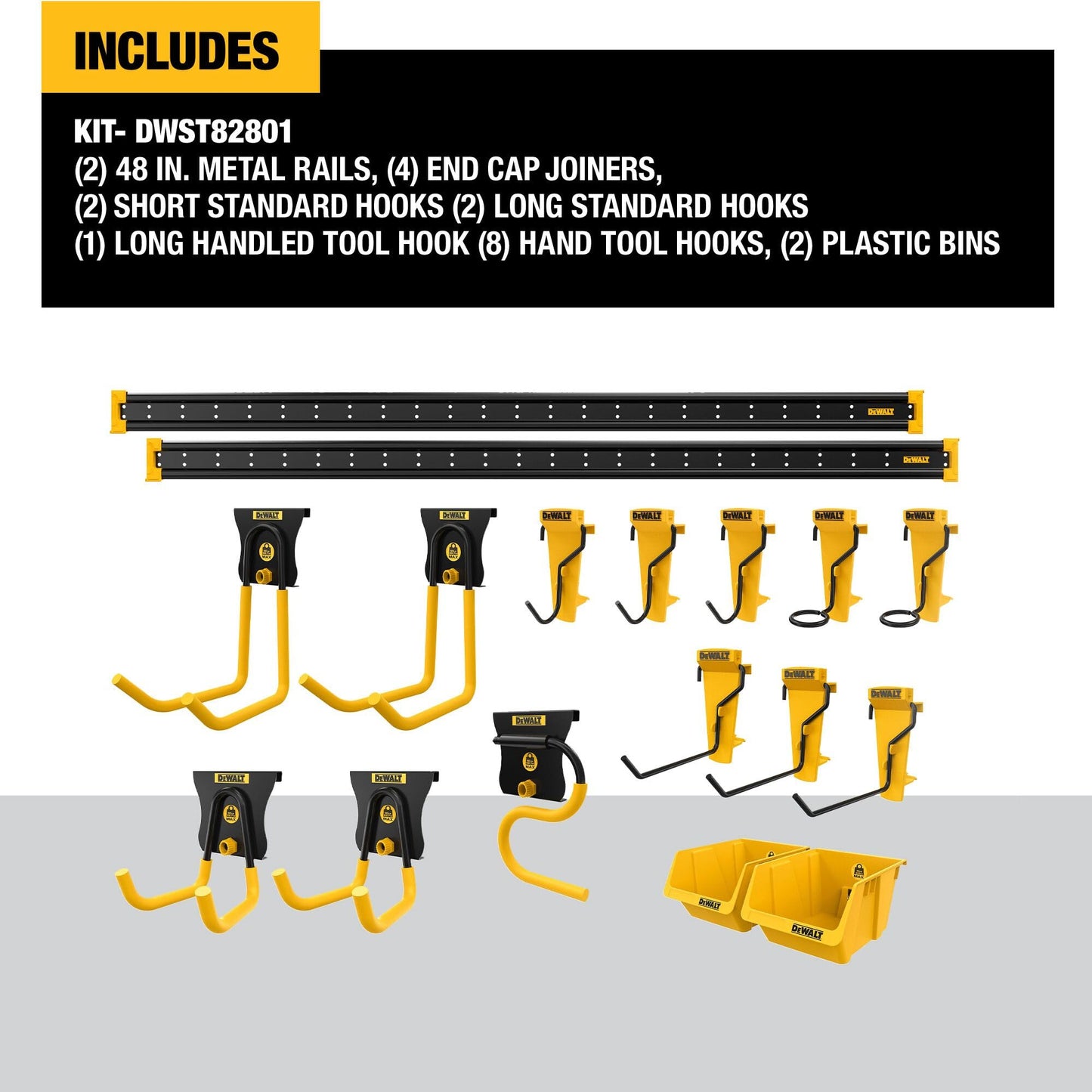 DEWALT Tool Organizer, 21 Piece Accessory Starter Kit, Includes 2 Metal Rails, 13 Hooks, and 2 Plastic Bins, DEWALT Workshop Storage System Compatible (DWST82801)
