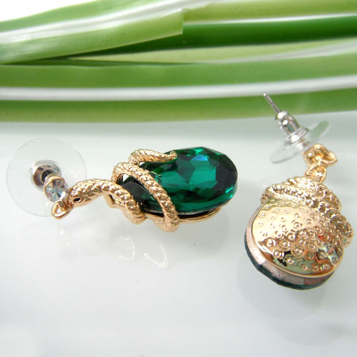Navachi 18k Gold Plated Crystal Green Zircon Snake Drop Dangle Earrings
