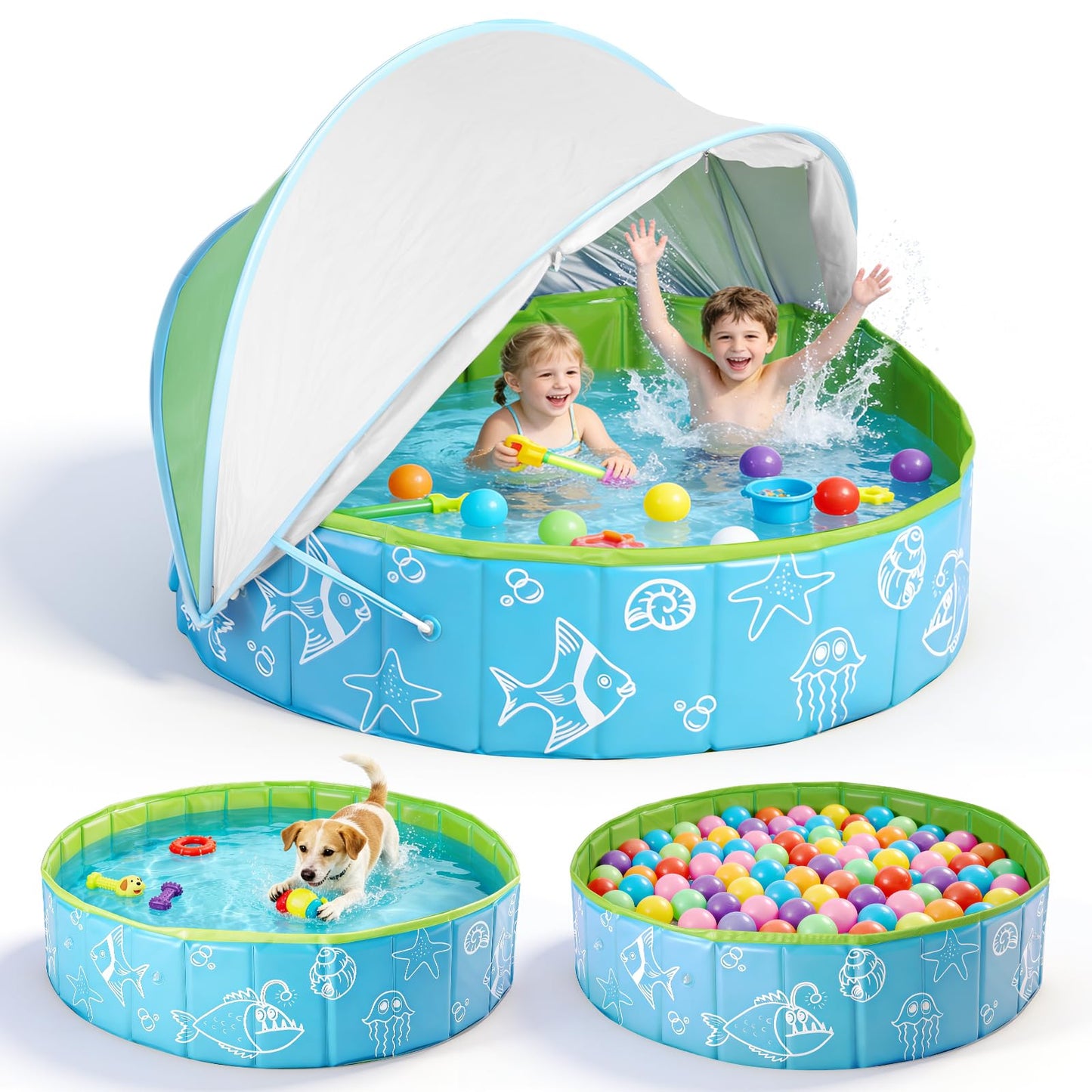 47"‌ Foldable Kiddie Pool with Canopy, Suitable for Toddlers and Babys Aged 1-5 Years, Designed for Use in Backyard, Beach, Park, Blue and Green(No Sprayer)
