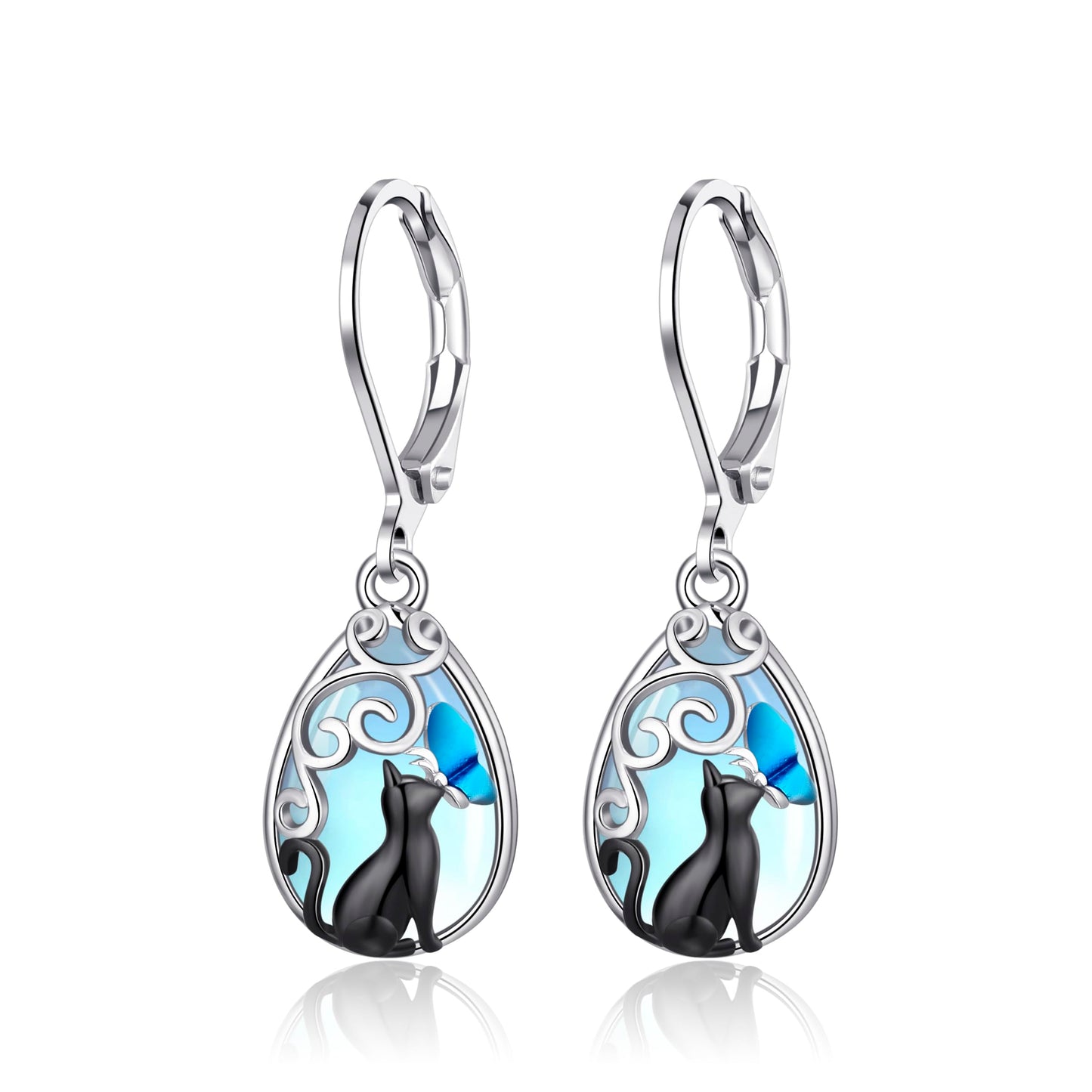HELORET Black Cat Moonstone Dangle Earrings with Butterfly Leverback Design