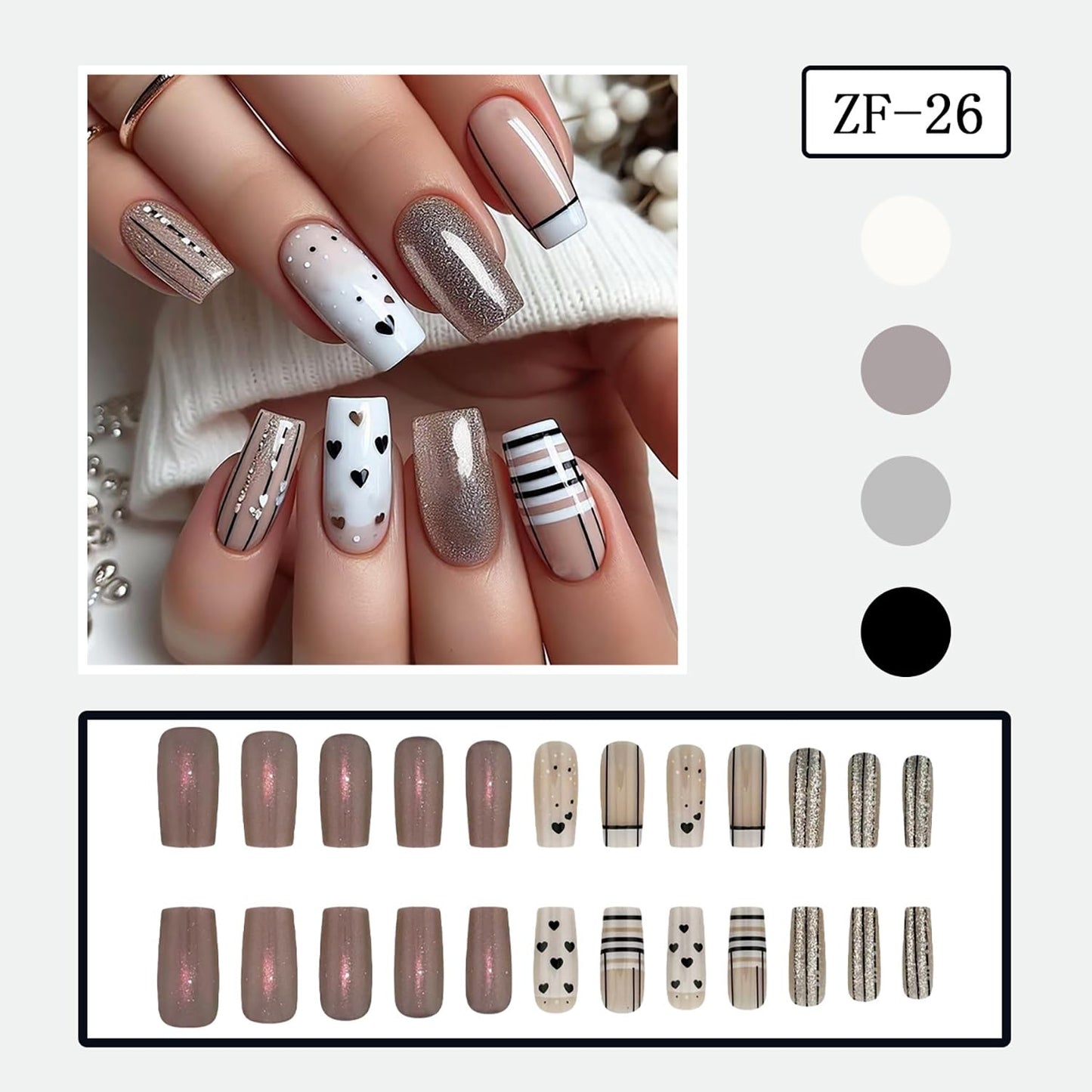 Valentine's Cat Eye Press on Nails Medium Square Black Heart Lines Design Valentine's Acrylic Nails White Gradient False Nails Holiday Nails Full Cover Artificial Nails Stick on Nails for Women