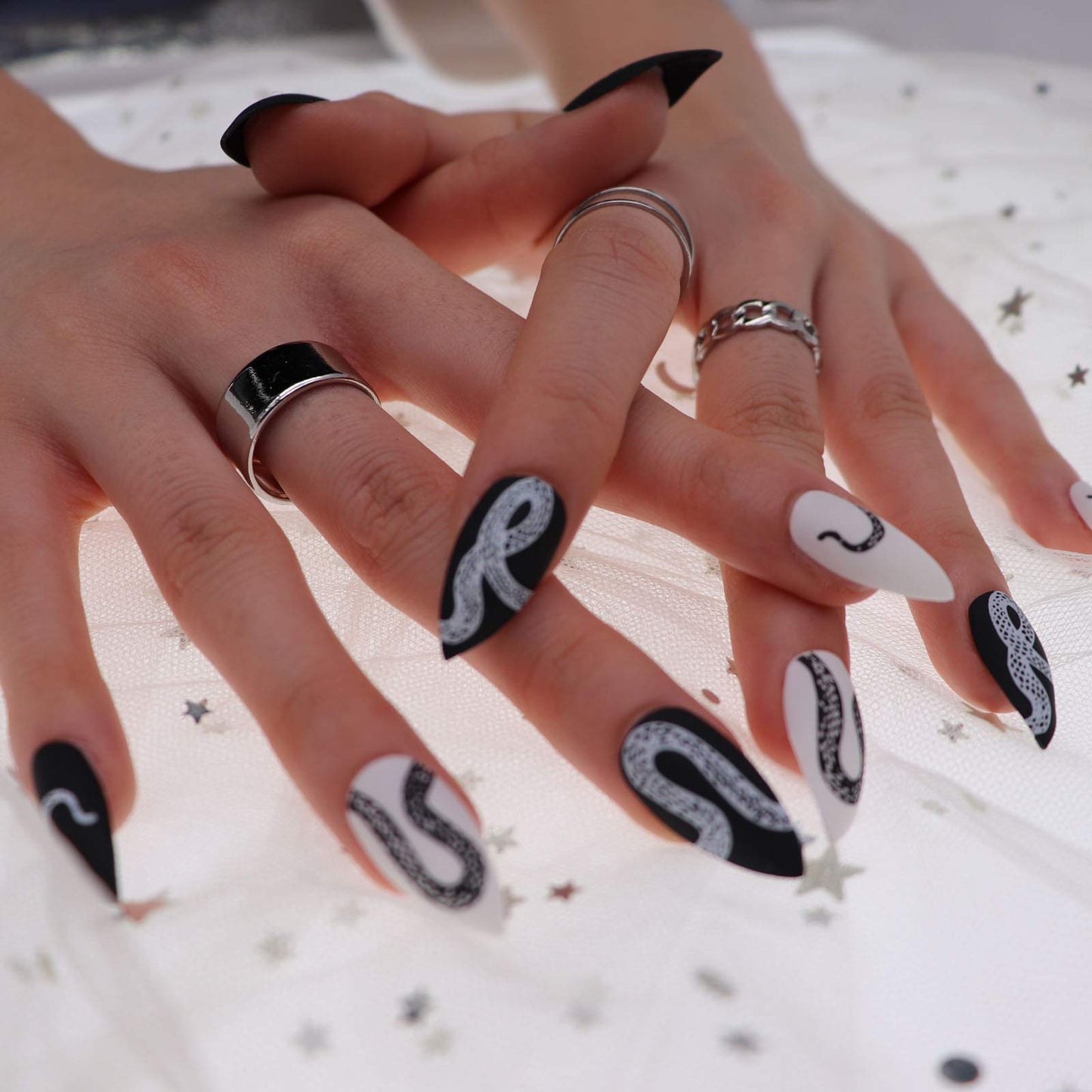 MISUD Press on Nails - Medium Stiletto Glue on Nails with Goth Snake, Acrylic Gothic Black White Design 24 pcs