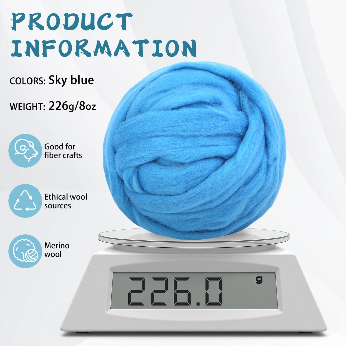 Core Wool for Needle Felting, 8 OZ Merino Wool Roving, Soft Felting Wool for Spinning, Needle Felting Supplies, Chunky Yarn, and Wet Felting, Blue