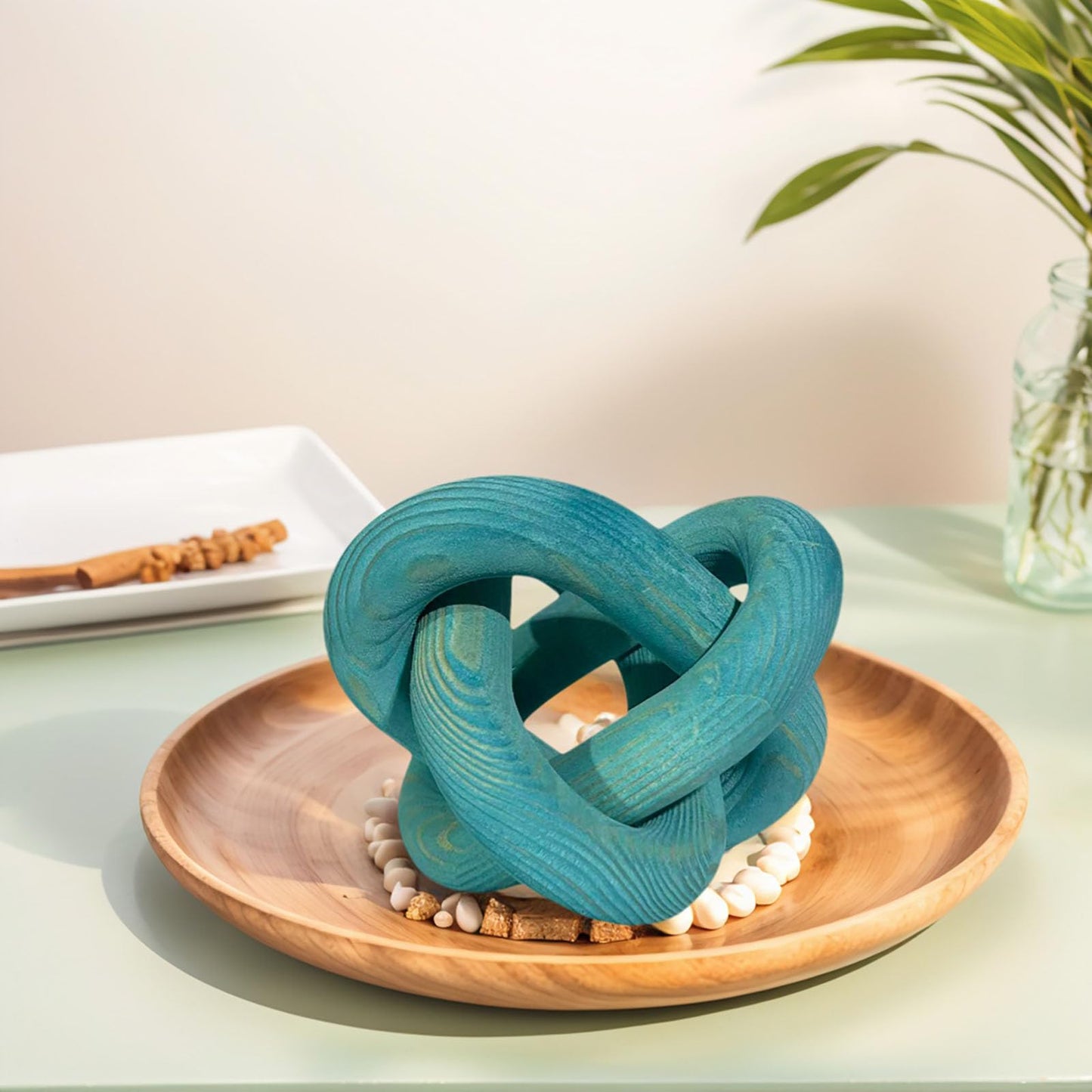 GUDAGUU Wood Knot Decor -Coffee Table Decor Shelf Decor Table Books Hand Carved Home Decoration Boho Country Rustic Modern Shabby Chic Style 3 Link Wooden Knot Chain Link Decor (Blue)