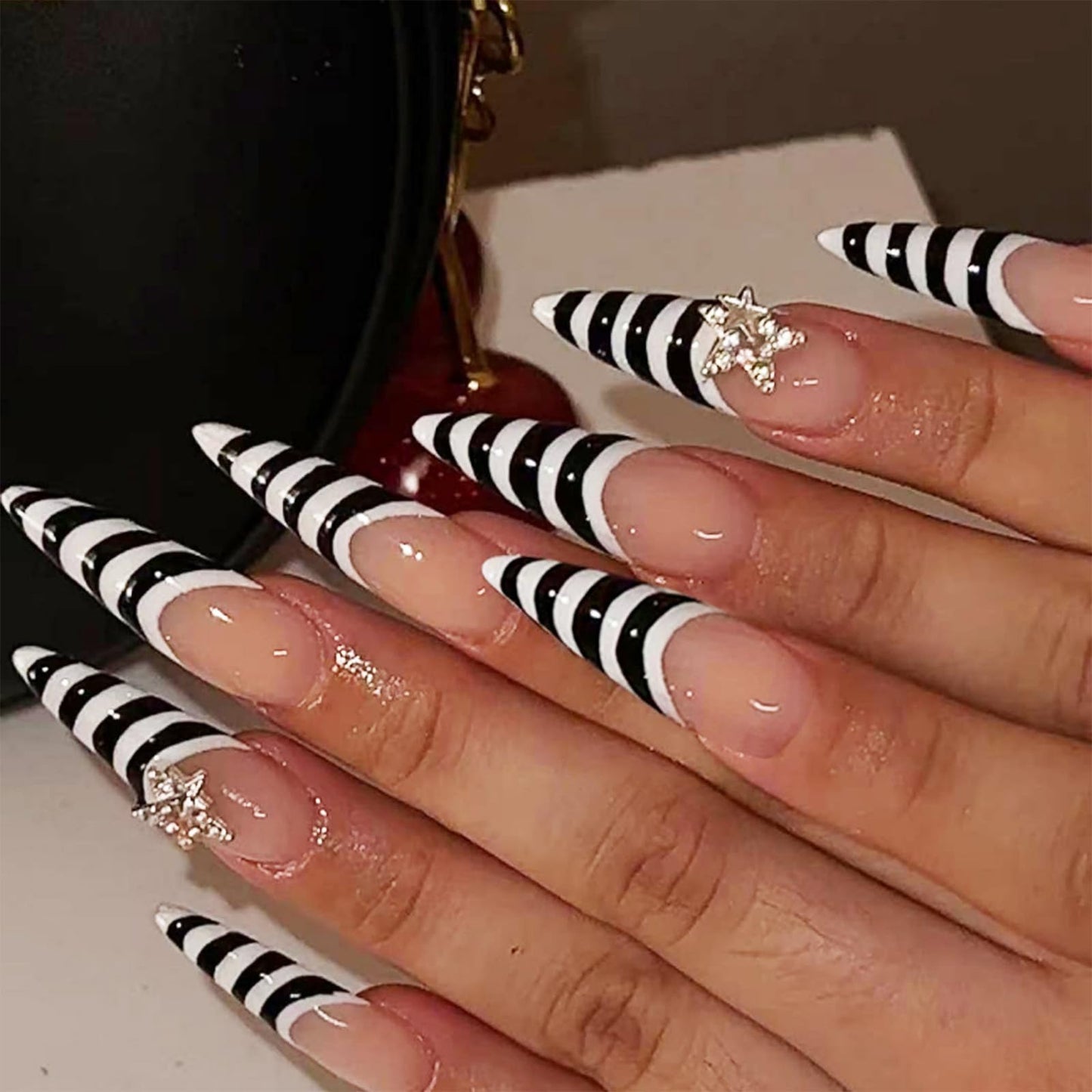 octoswave Press on Nails Long Almond Fake Nails French Tip Artificial Nail White and Black Stick on Nail for Women 24pcs