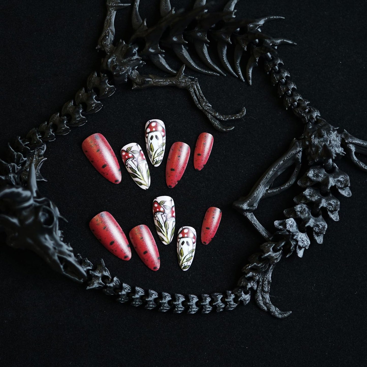 24Pcs Halloween Press on Nails Almond Long Fake Nails Matte Full Cover False Nails with Mushroom Ghost Designs Artificial Acrylic Nails Press ons Cute Halloween Stick on Nail for Women