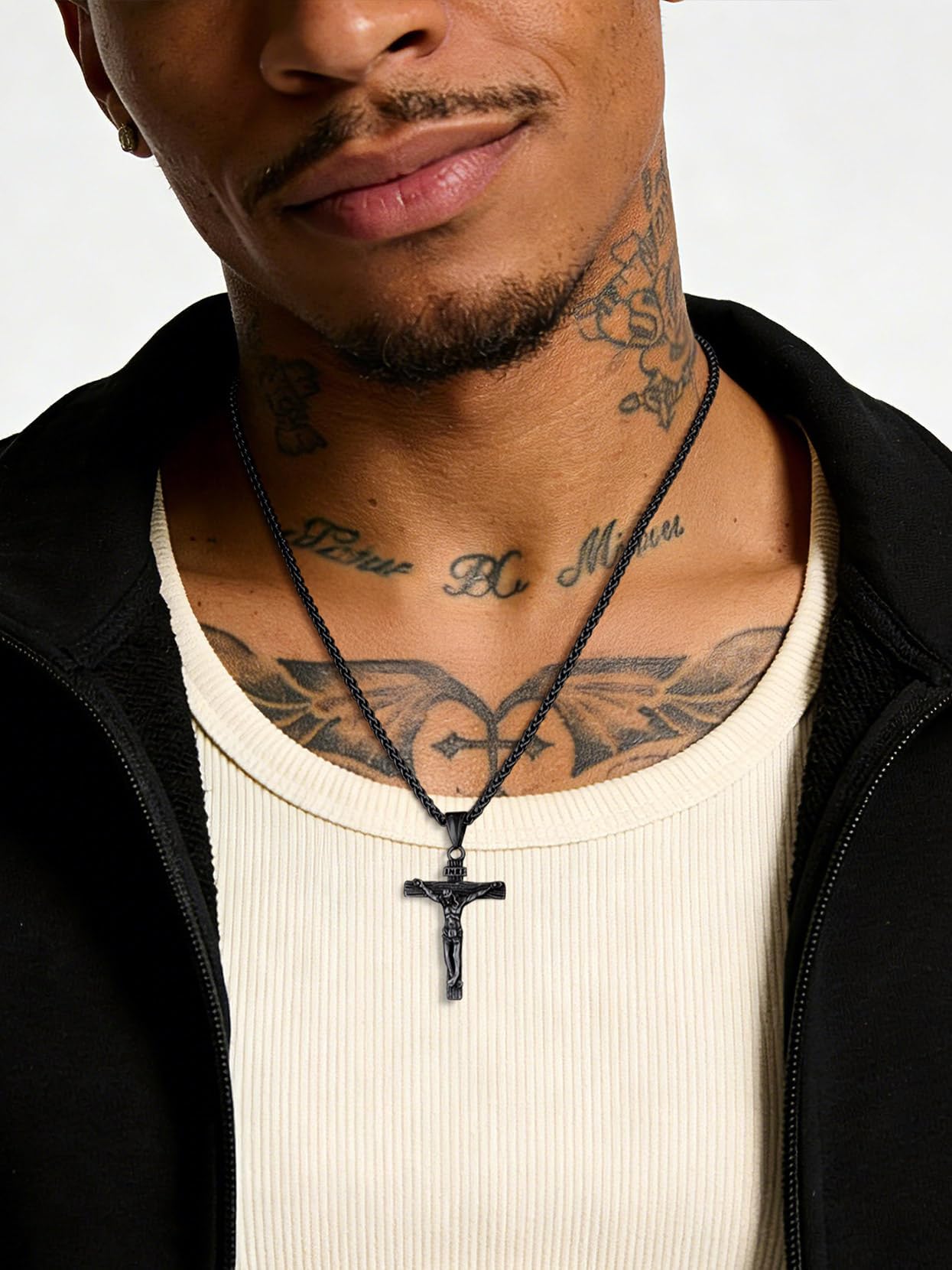 U7 Crucifix Cross Necklace Stainless Steel Crucifix Necklace Black Cross Pendant for Men with Rope Chain 22"(Black)