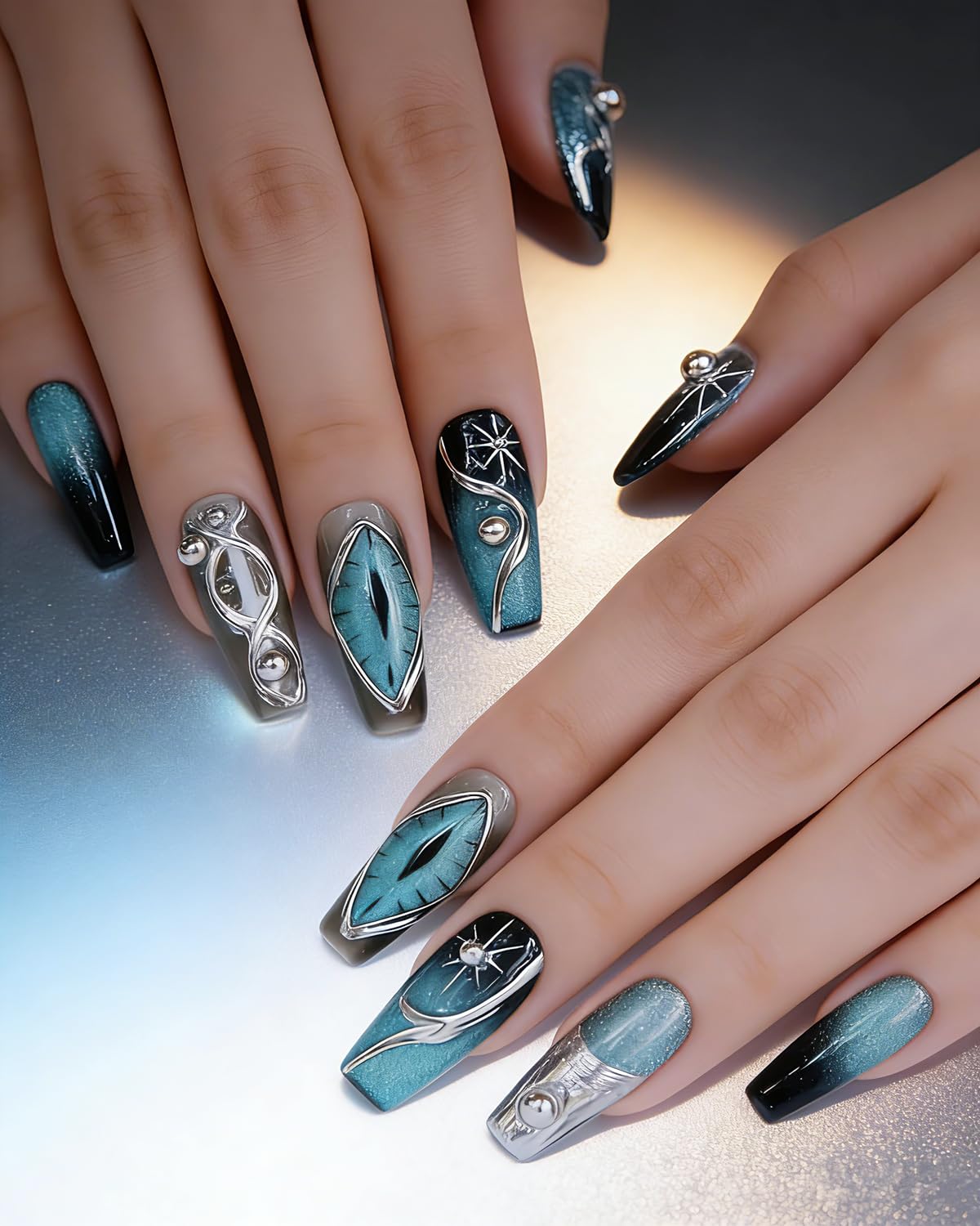 CAMILCY Handmade Press on Nails Long Coffin Blue Black Silver Glossy Luxury 3D Metal Charms Reusable Acrylic Artificial Fake Nails Full Cover False Nails for Women 10pcs (A048, M)