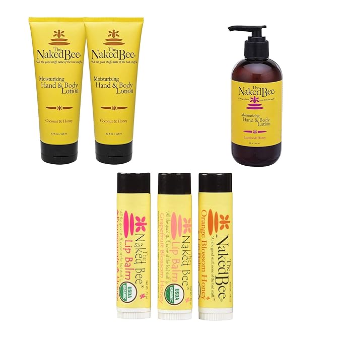The Naked Bee Lip Balm in Orange Blossom Honey, Grapefruit Blossom Honey, and Pomegranate & Honey 0.150z + Jasmine & Honey 8oz + Coconut & Honey Moisturizing Hand & Body Lotion 6.7oz