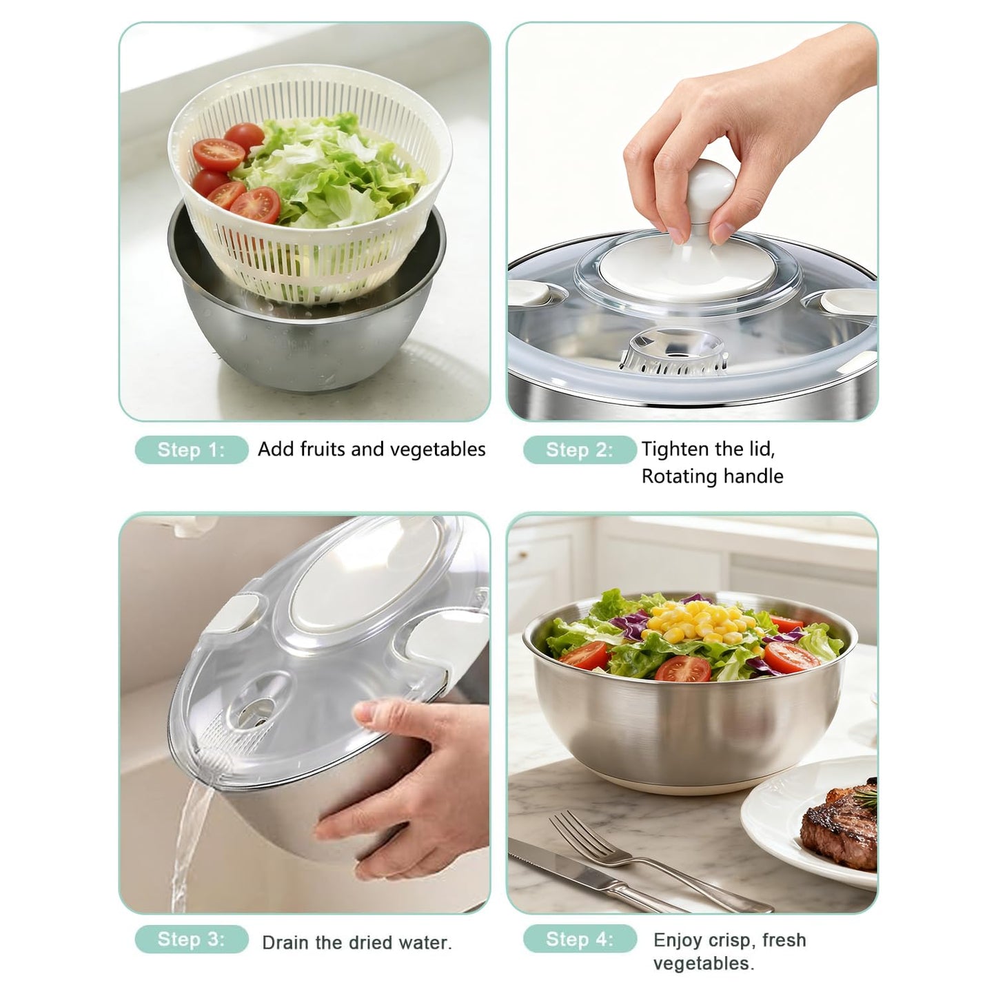 Large Salad Spinner with Storage Lid，5.29QT Stainless Steel Spin Dry Salad Greens Fruit Washing Bowl with Strainer Vegetable Cleaner washer Lettuce Spinner with slicer and julienne cutter