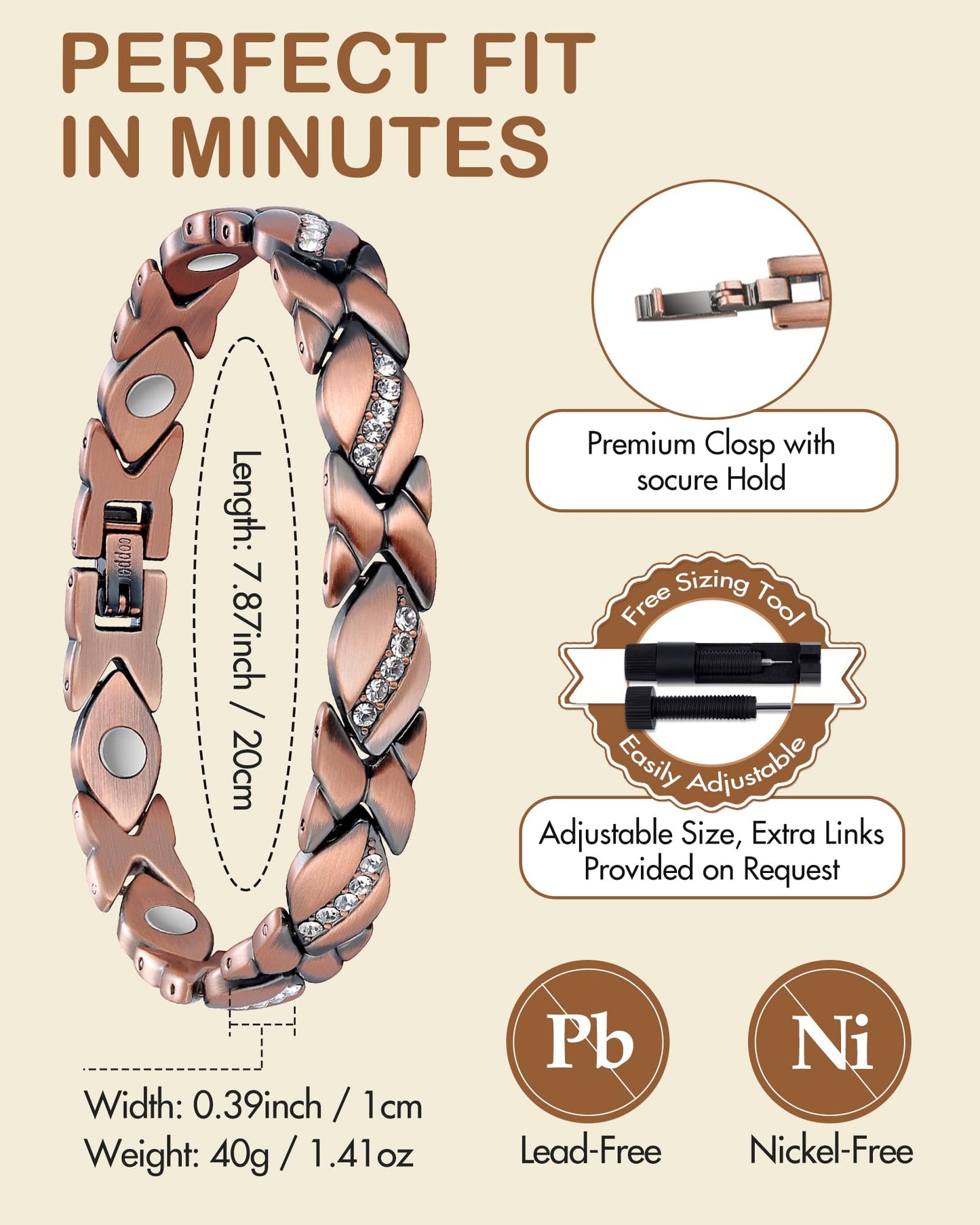 Feraco Copper Bracelet for Women 99.99% Solid Copper Magnetic Bracelets, Unique X Shape Links, Magnetic Field Therapy Jewelry Gifts (X with Crystals)
