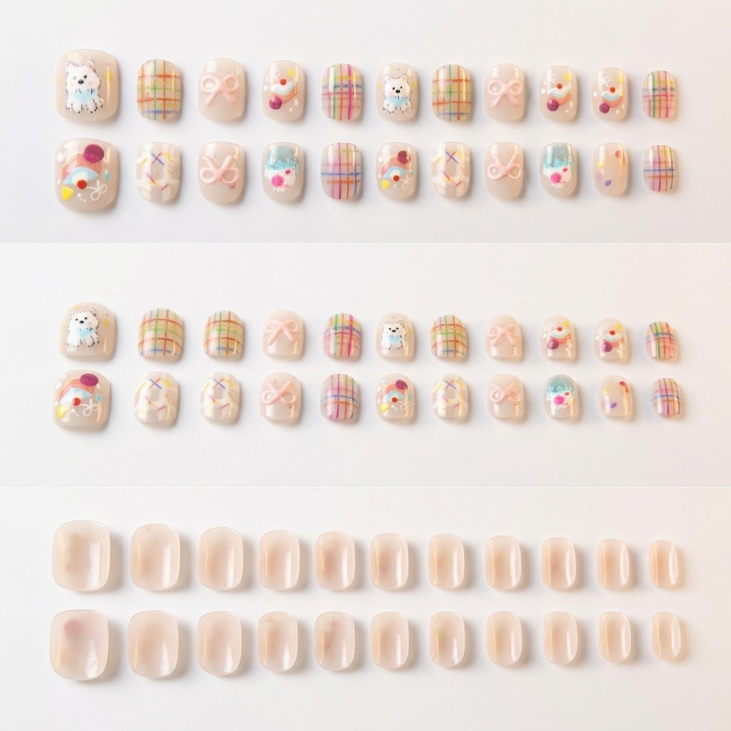 Kids Press On Nails, Happy Day Party Design, Cute Birthday Glittered Nails for Girls, Strawberry & Cake Style, Easy Apply, 24pcs