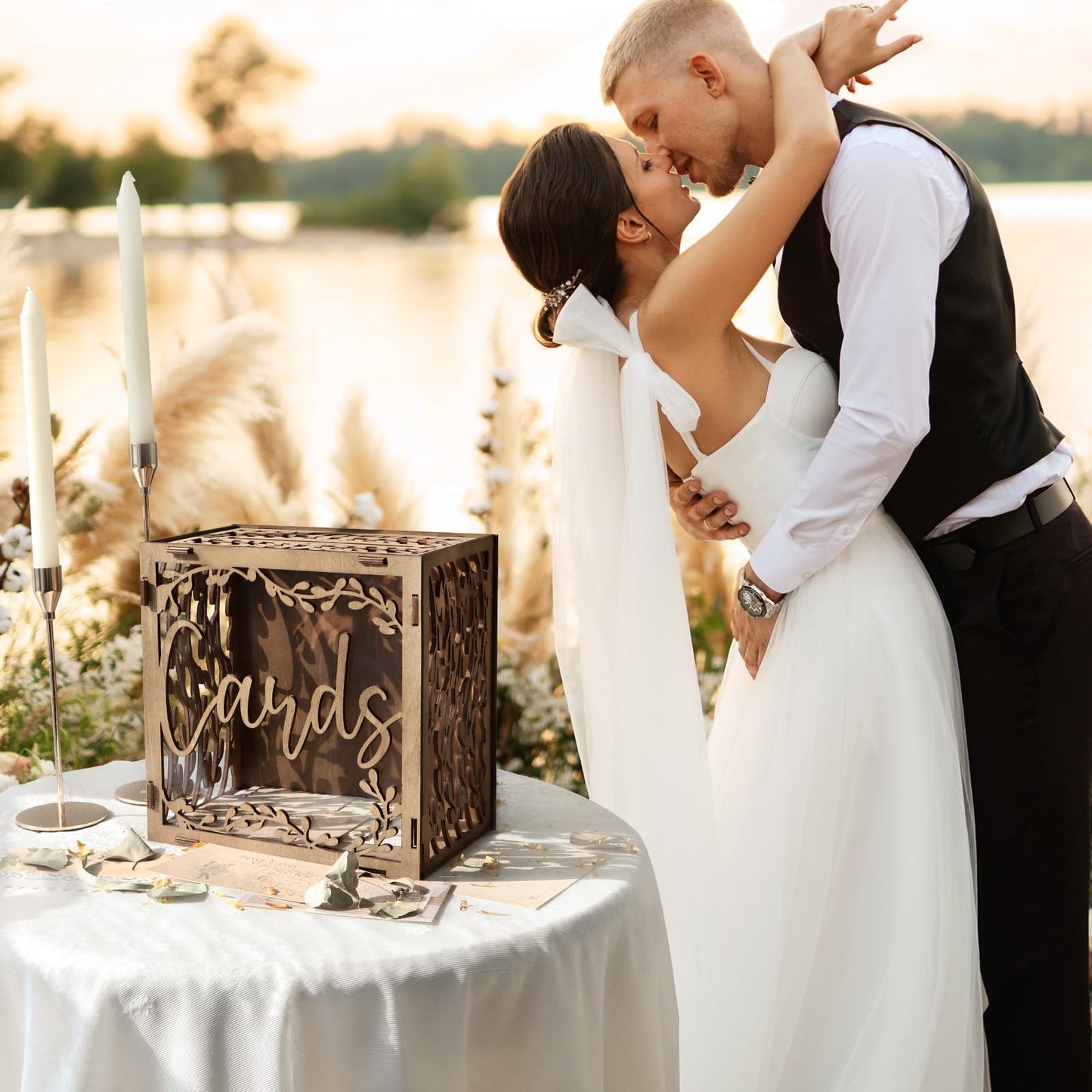 OurWarm Wedding Card Box with Window, Brown Wooden Box Wedding Decorations for Reception, Money Index Card Box for Weddings Bridal Shower Rustic Weddings Decor Party Decorations