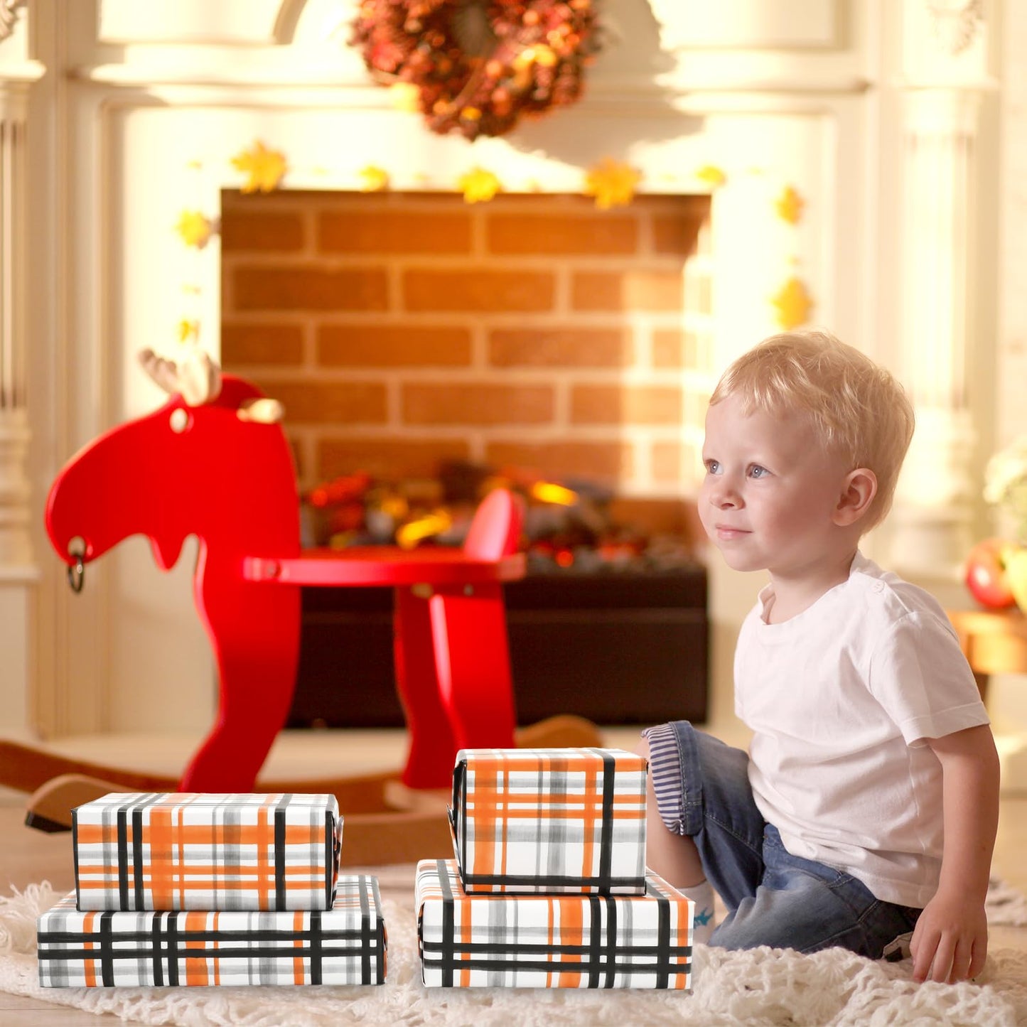 JarThenaAMCS Fall Plaid Wrapping Paper -Mini Roll- 17in x 32.8Ft Orange Black Checkered Gift Wrap Paper for Autumn Thanksgiving Party Wrapping Supplies