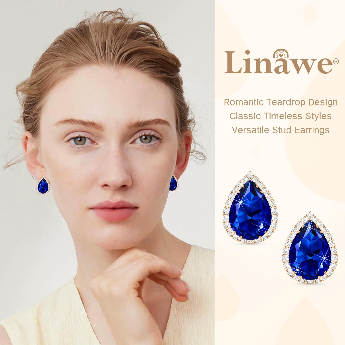 Linawe Imitation Diamond Earrings Sapphire Royal Blue Stud Earrings for Women, Rose Gold Cubic Zirconia Navy Blue Teardrop Statement Rhinestone Crystal Earrings Studs