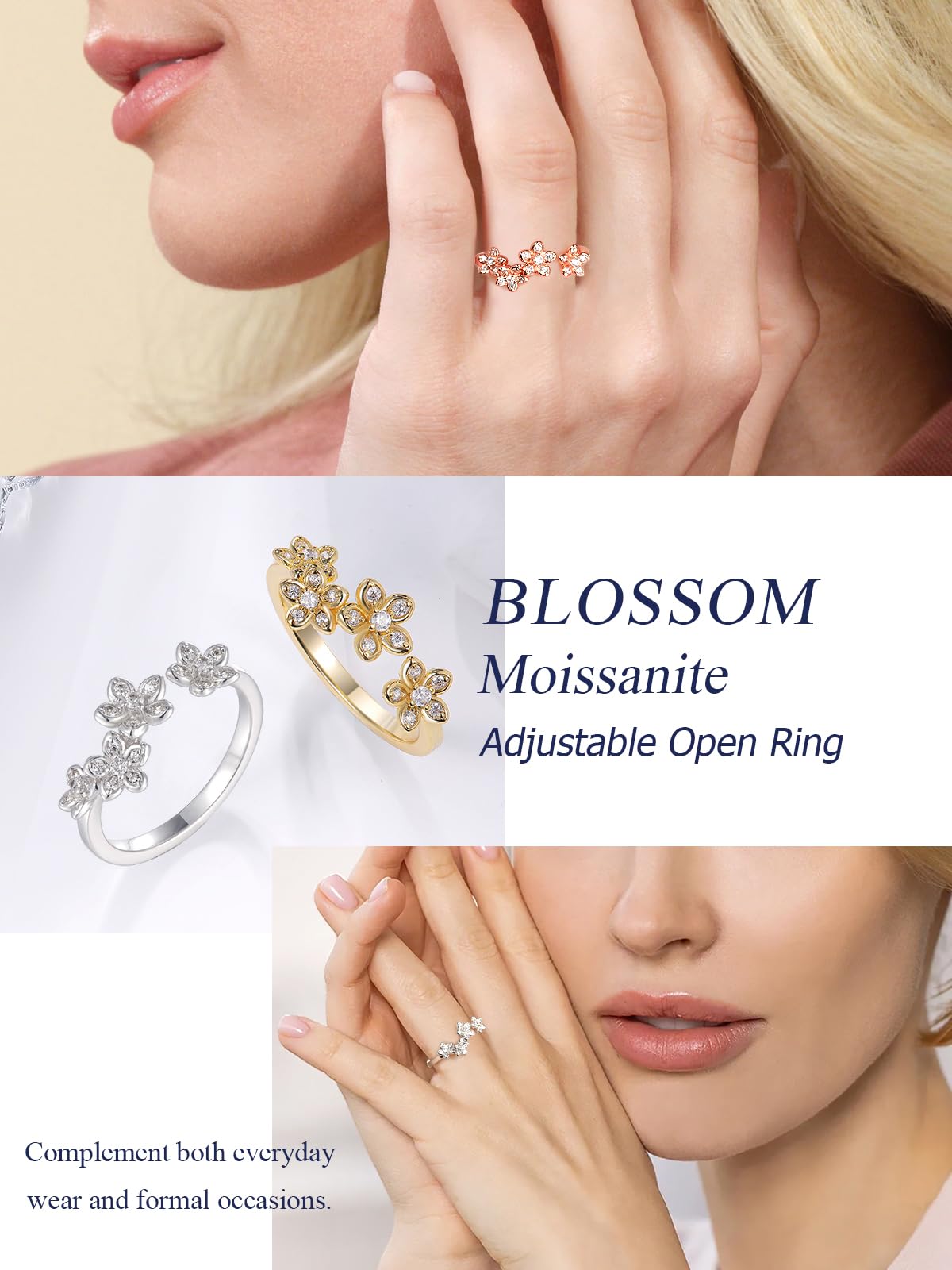 CYW Sterling Silver Moissanite Rose Gold Stacking Ring Adjustable Cherry Flower Floral Blossom Womens Open Rings