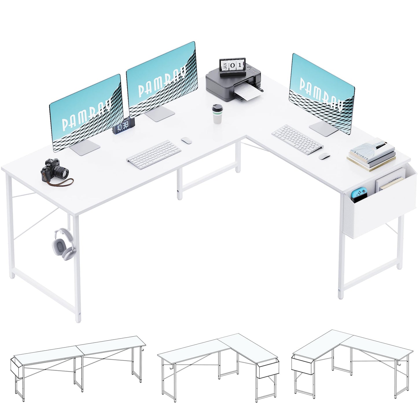 Pamray 64.5 Inch Reversible L Shaped Gaming Desk Large Corner Computer Desk with Storage Bag Home Office Table for Writing Study White