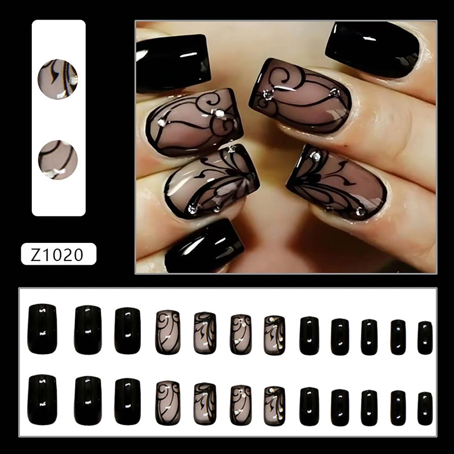 Rilafuvu Press on Nails Short Square Acrylic Fake Nails Black Glue on Nail with Design Full Cover False Nails Glossy Nails Press ons Short Stick on Nail for Women