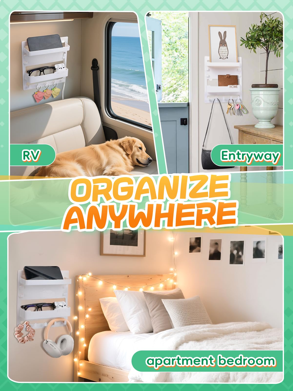 Bedside Wall Organizer Shelf for Bedroom Accessories - Adhesive Bedside Caddy Storage with Cable Clips, Teen Room Decor Essentials