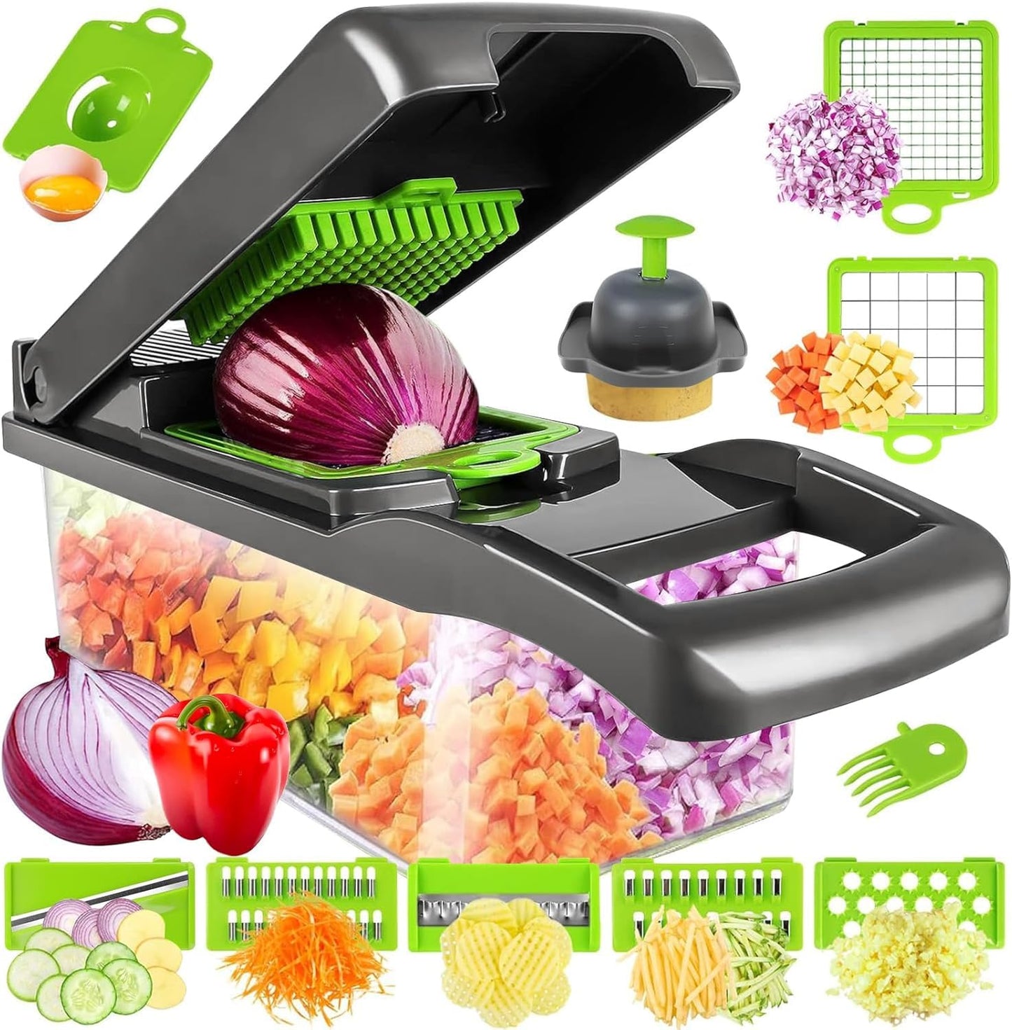 Pro-Series 16-in-1 Vegetable Chopper & Food Chopper with Container - Multi-Blade Cutter, ABS Mandoline Slicer, Fruit Slicer, Onion Chopper, Dicer, Grater, Kitchen Gadgets & Accessories