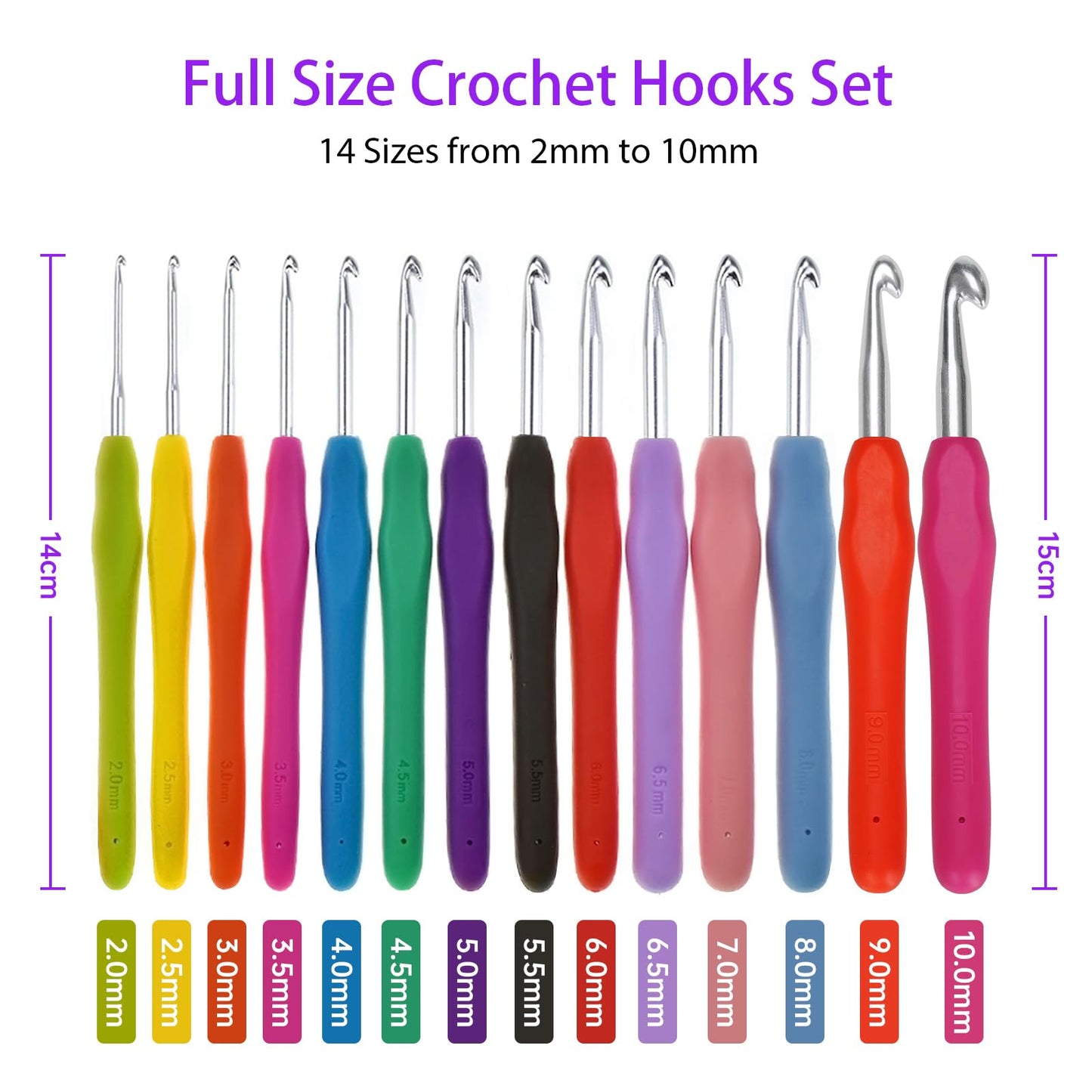 Crochet Hooks RealPlus 14 Pcs 2mm(B)-10mm(N) Ergonomic Crochet Hook Set for Arthritic Hands, Crochet Kit for Beginners with Soft Grip, Large Crocheting Needles with Purple Case