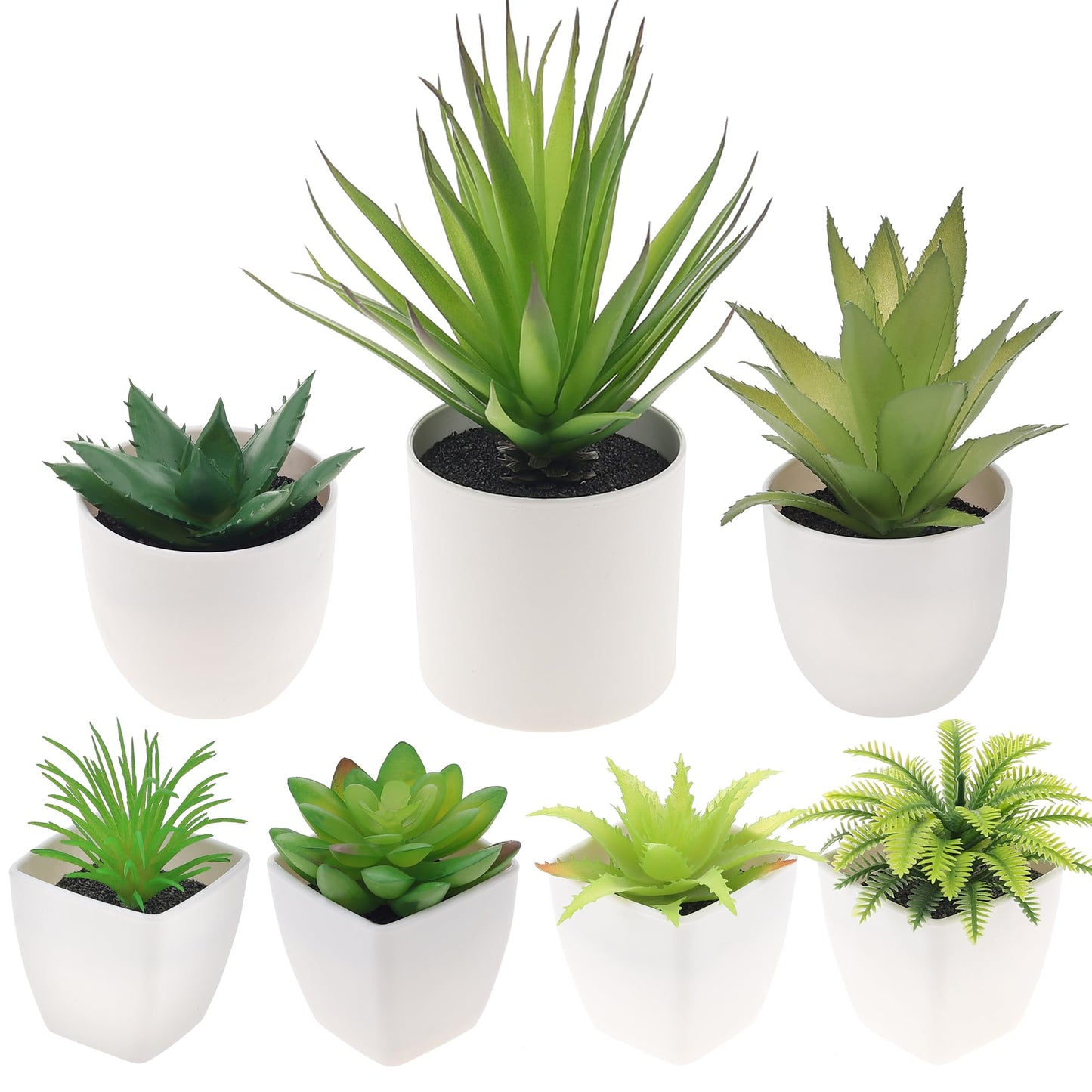 Quancru 7 Pack Small Fake Plants Artificial Succulent Plants in White Pots Artificial Greenery for Room Home Bathroom Bedroom Office Modern Decor