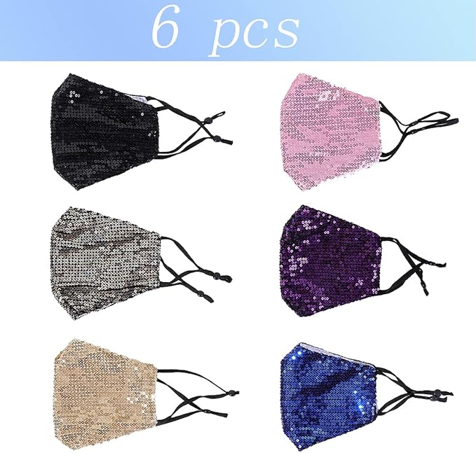 6 Pcs Washable Glitter Bling Women Face Mask. Breathable Reusable Adjustable Fashion Masquerade Facemasks With Pocket.