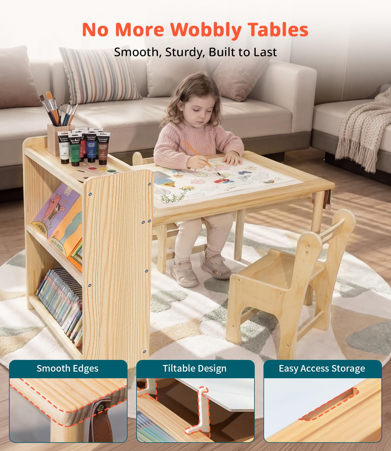 JOIN&JOY Children's Art Table and 2 Chair Set, Multifunctional Craft Table with Storage Shelves, Toddler Activity for Creativity, Drawing, Learning & Playtime