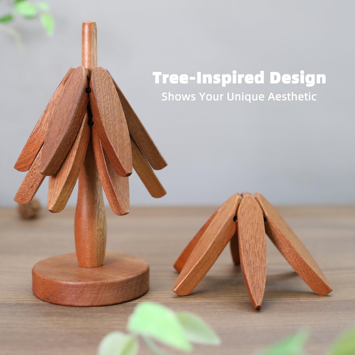 Quelgt Tree Shape Trivets - 3 Wooden Trivet + 1 Stand for Kitchen Decor