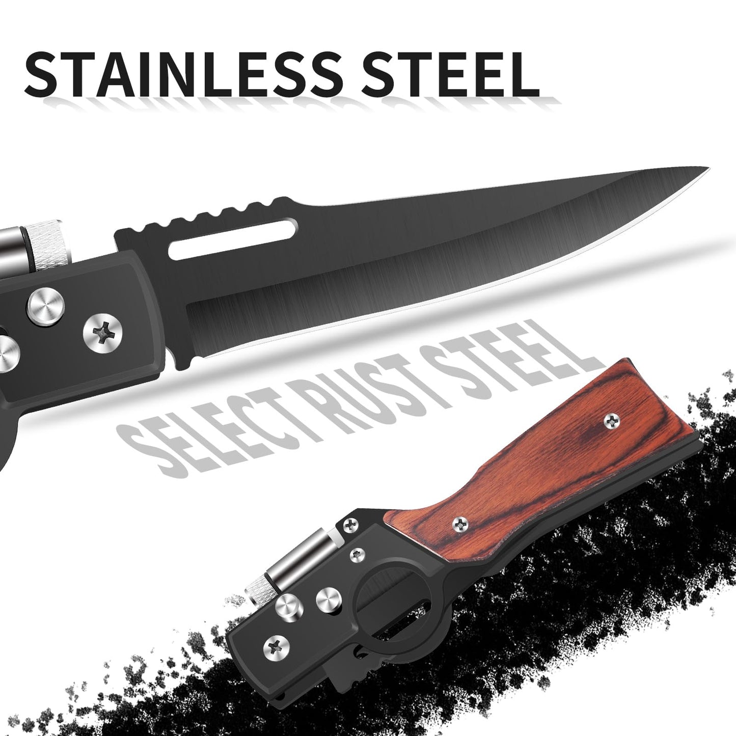 Uninuou AK47 Style Tactical Folding Pocket Knife （Black）– EDC Gift for Men with LED Light, Wood Handle & Pocket Clip, Laser Engraving Ready, Outdoor Camping Hiking Gear (1)