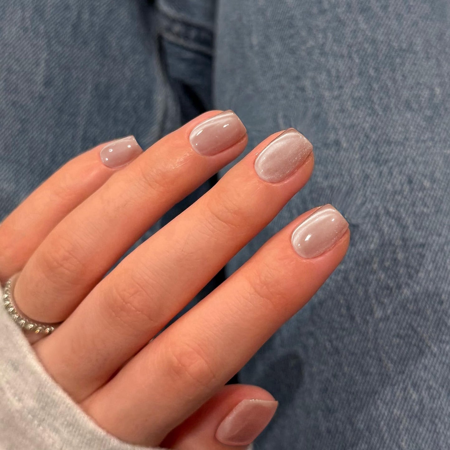 SXVME Short Press On Nails Square - Cat Eye Nude Pink Fake Nails Acrylic Press ons Glue on Nails Opaque Glitter Short False Nails in 30 Pcs for Women