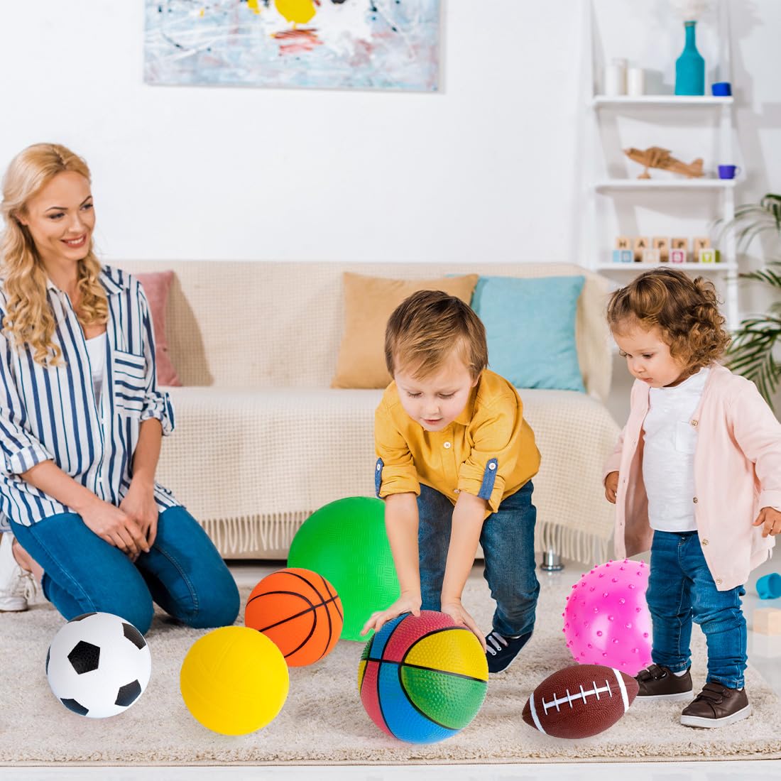 HOESDA Balls for Toddlers 1-3,Toddler Sports Ball Outdoor Toys,Set of 7 Kids Foam Ball Baby Ball Indoor Outdoor Toys-Playground Ball Basketball Football Volleyball Rugby Bounce Ball with Bag