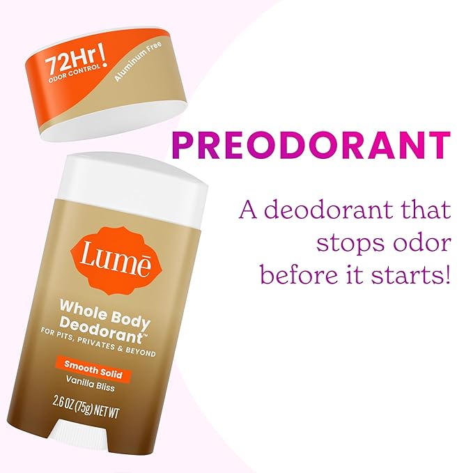 Lume Whole Body Deodorant - Smooth Solid Stick - 72 Hour Odor Control - Doctor Developed - Aluminum Free, Baking Soda Free and Skin Loving - 2.6 Ounce (Pack of 2) (Vanilla Bliss)