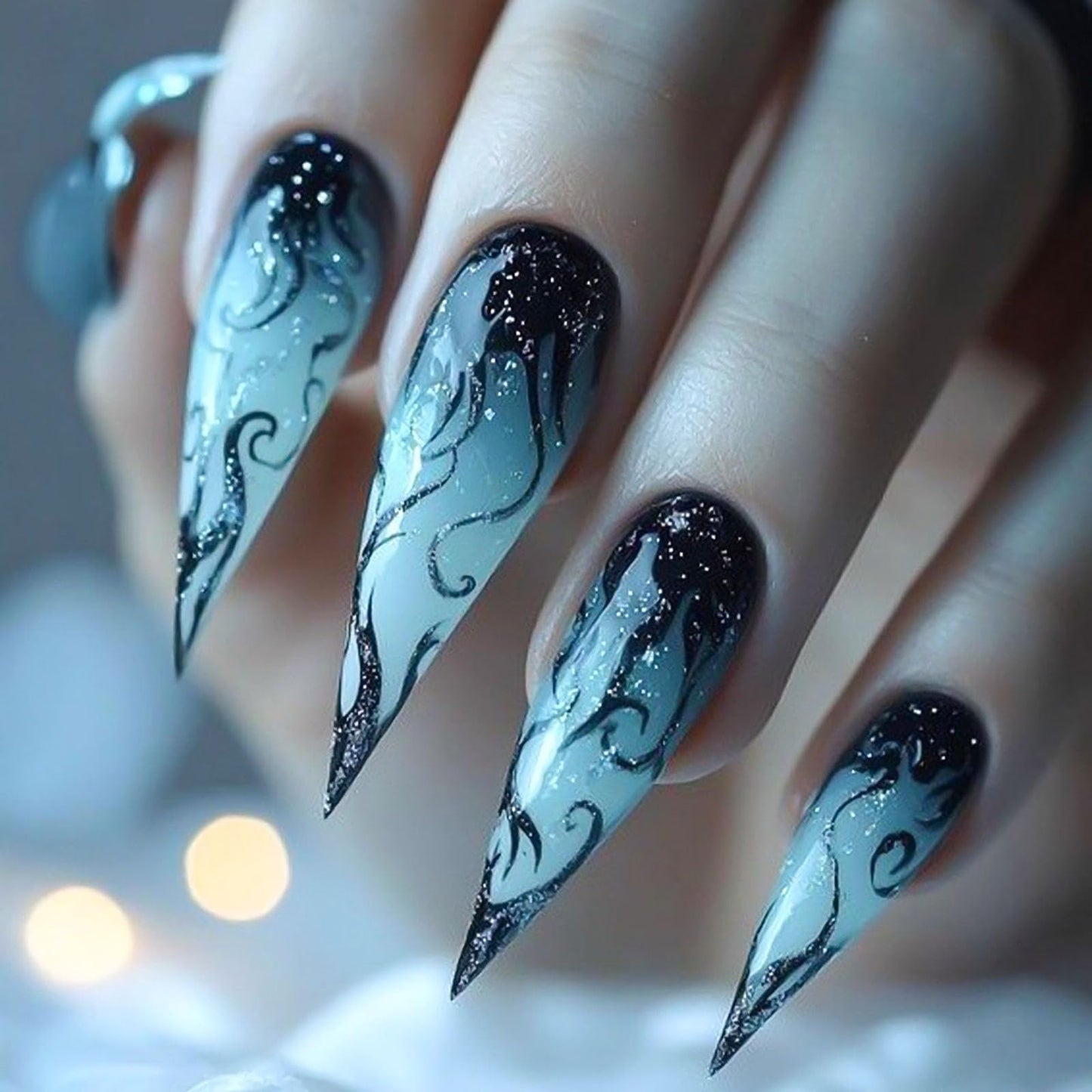 RUOKEXIN Long Stiletto Press on Nails French Tip Fake Nails Glitter False Nails with Designs Almond Nail Press ons Sparkly Artificial Nails for Women 24Pcs