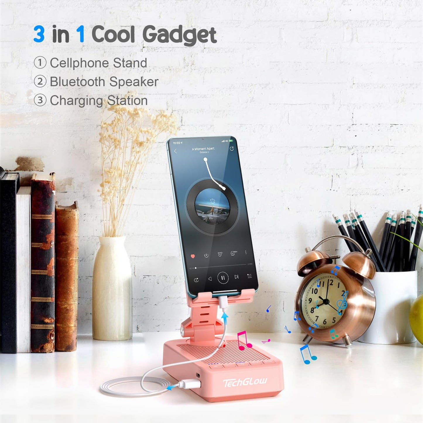 TechGlow Gifts for Men Women Foldable Cellphone Stand with Bluetooth Speaker and Charging Function 360° Rotatable Phone Stand Birthday Gift Idea for Mom Dad Cool Tech Gifts-Pink