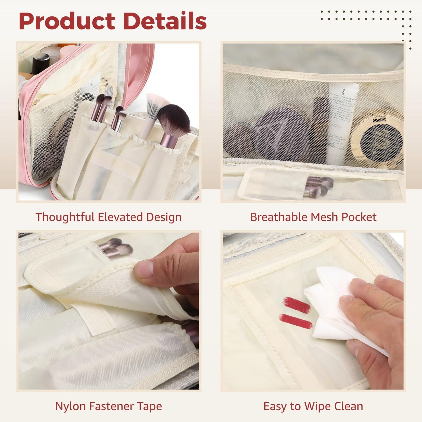 DORMIYA Travel Makeup Bag for Women, Large Capacity Cosmetic Organizer, Multi-Layer Toiletry Bag with Handle, Waterproof PU Leather Portable Makeup Zippered Case with Standing Brush Holder