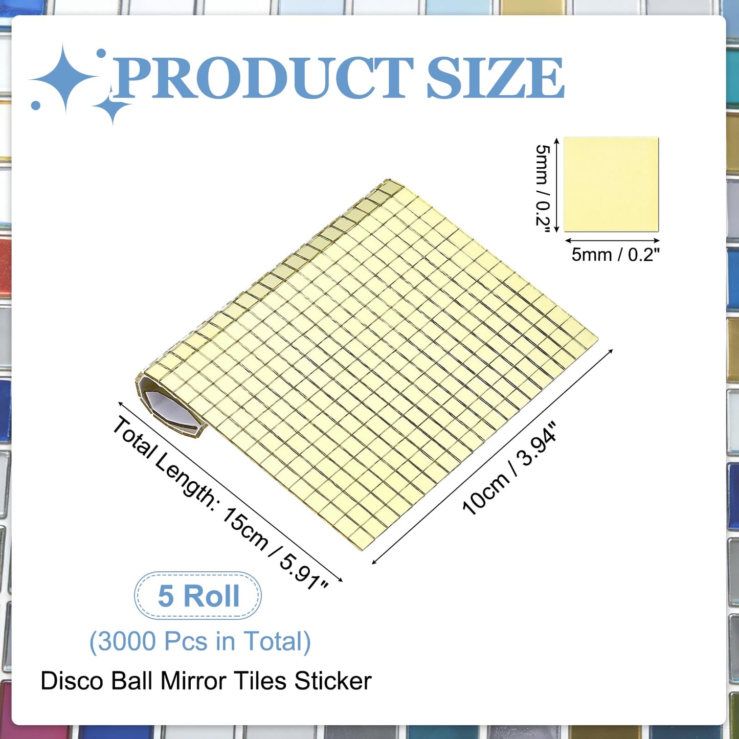 HARFINGTON 3000 Pcs Mirror Mosaic Tiles 5 x 5 mm Square Glass Self-Adhesive Disco Ball Mirror Tiles Sticker for DIY Craft Decoration Art Collage Card Making, Gold
