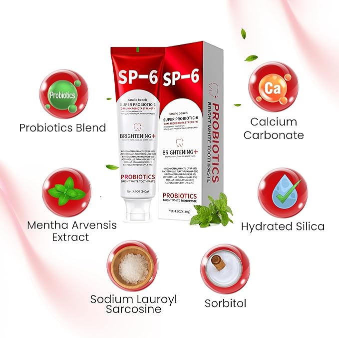 3PCS SP 6 Toothpaste for Teeth Brightening & Fresh Breath, 6 Probiotics Formula for Gum Health, Fluoride-Free, Mint Fresh Flavor, 4.9 oz (4, Mint)
