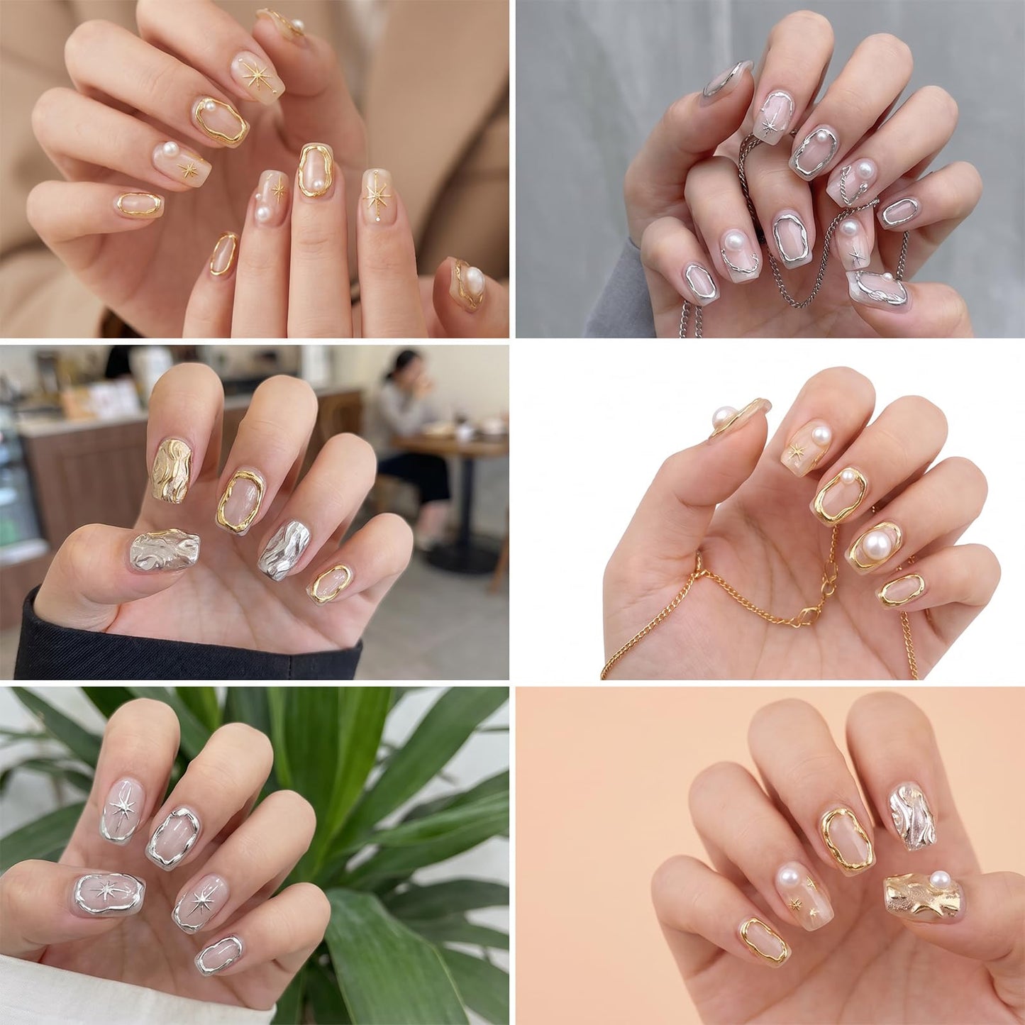 4 Sheets 5D Embossed Nail Stickers for Nail Art - Irregular Geometric Lines Frames Nail Art Design Self Adhesive Chrome Decals for Gel Nails Manicure Accessories-Gold Silver