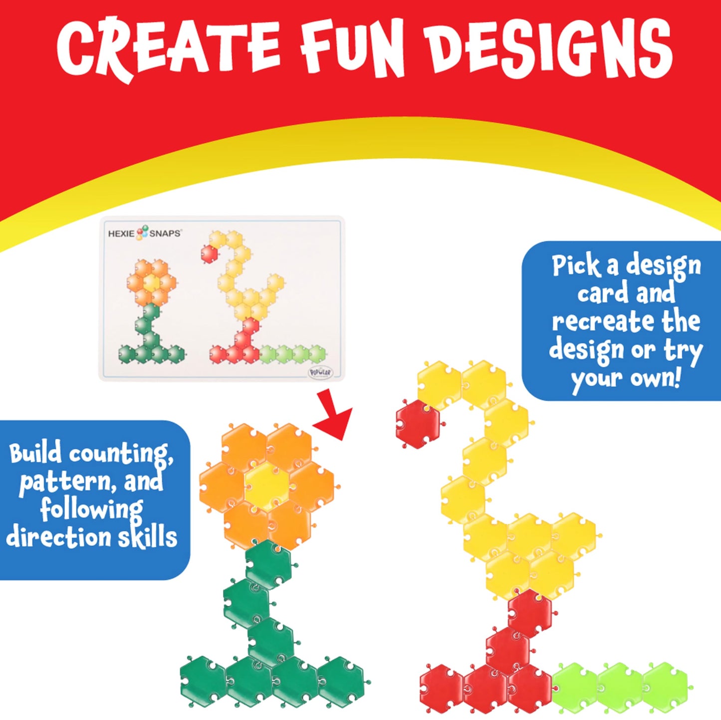 Popular Plaything Pattern Blocks Puzzle Building Educational Toy Stem Gift for Kids 2-6 92 Pieces & Carrying Case - Hexie-Snaps