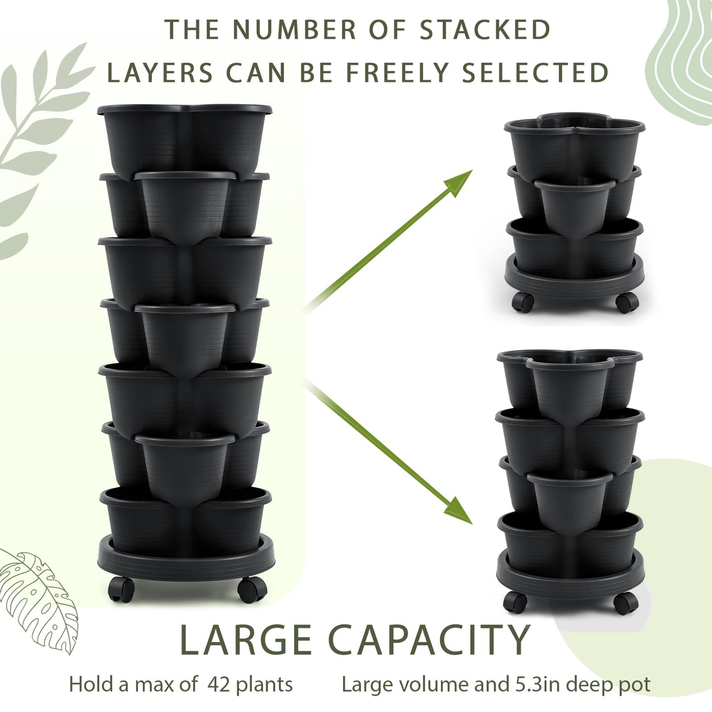 Umigy 2 Set Black 7 Tier Stackable Vertical Planters with Removable Wheels and Tools Tower Planters Strawberry Herb Flower Vegetable Pots Indoor Outdoor Gardening Pots