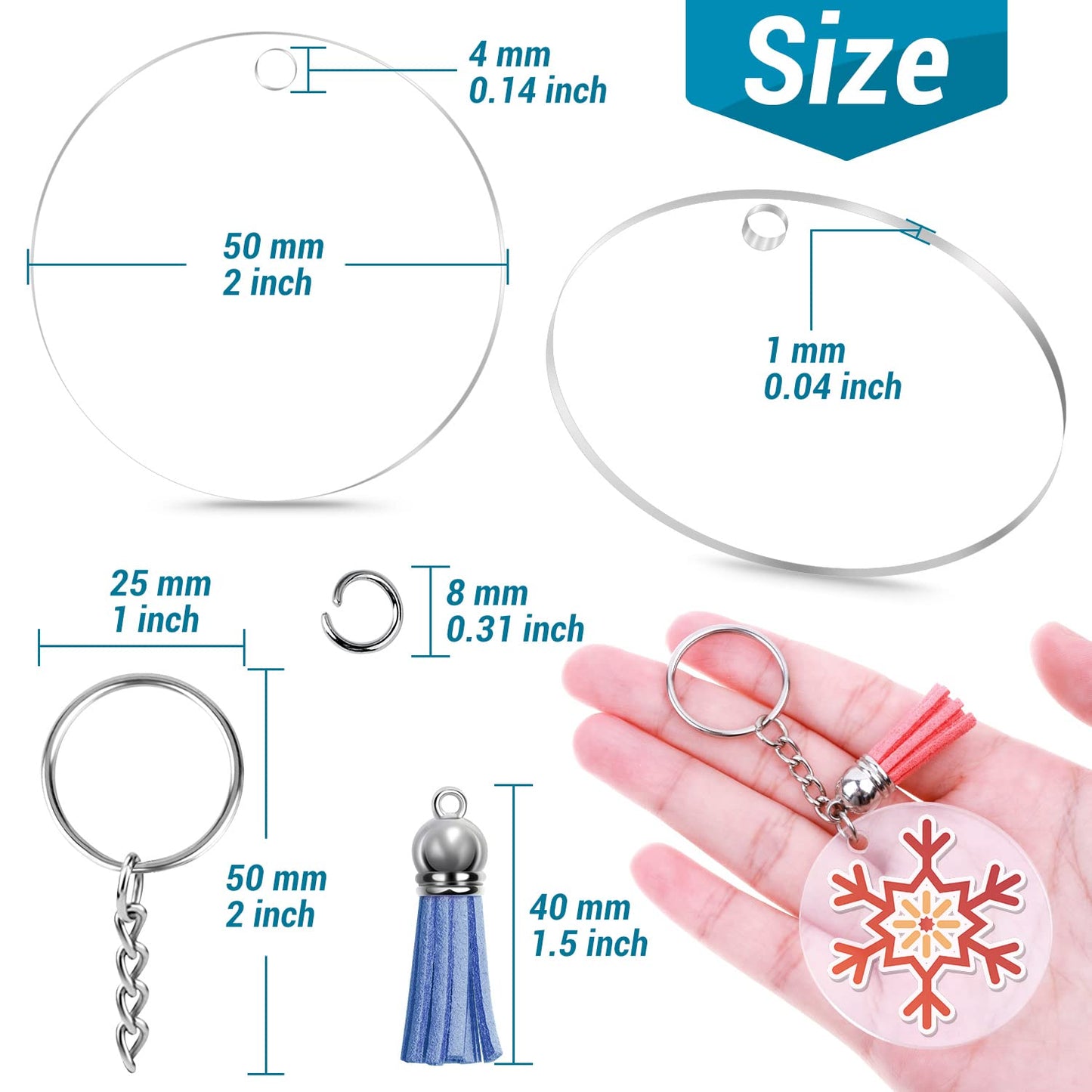 350Pcs Acrylic Keychain Blanks Cludoo Clear Acrylic Ornament Blanks for Vinyl with 60 Pcs Blanks, 60 Pcs Keychain Tassels, 170 Pcs Jump Rings and 60pcs Rings for DIY Craft